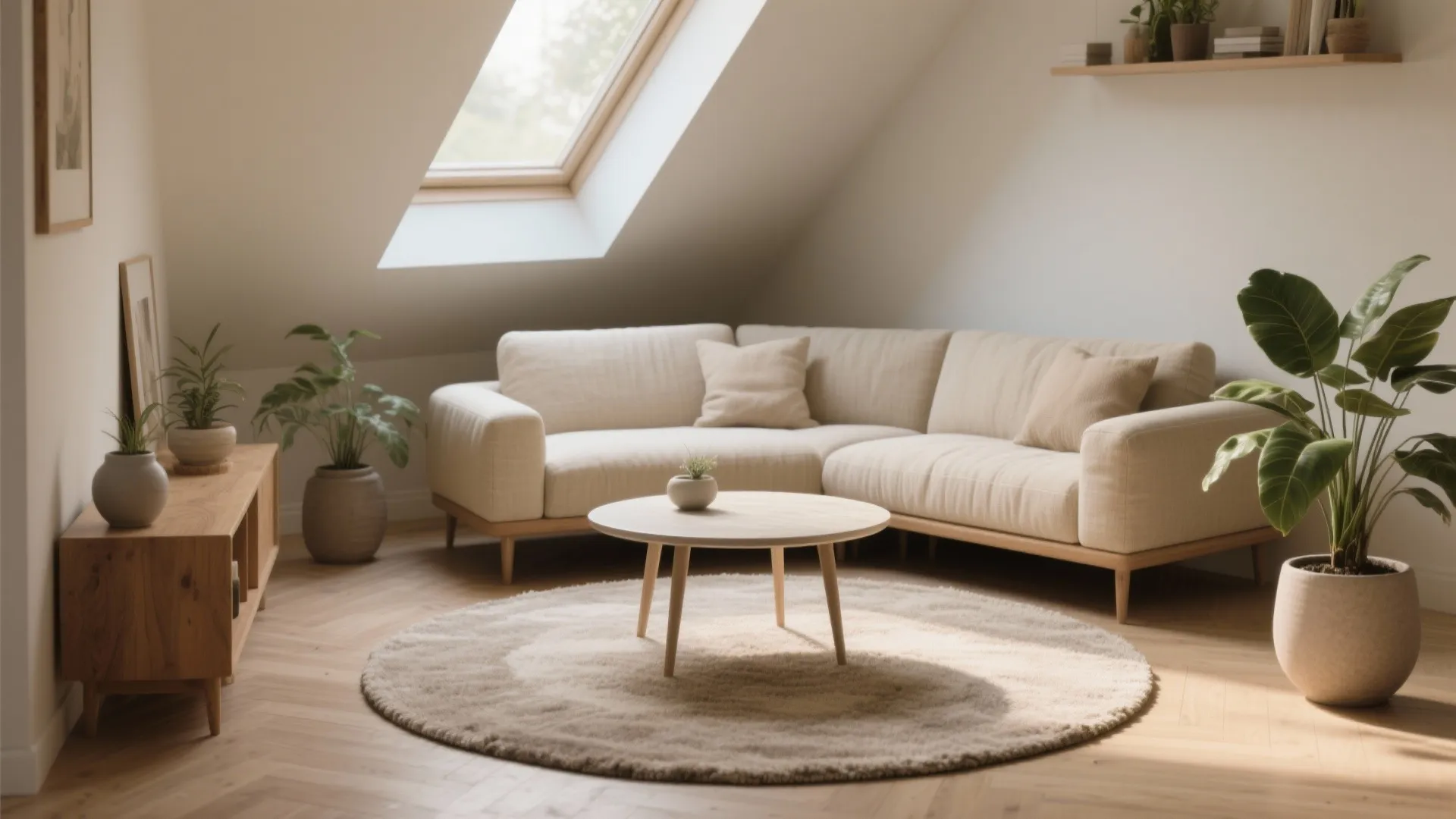 Round rug softens edges and centers seating to make a small living room feel gathered and calm.