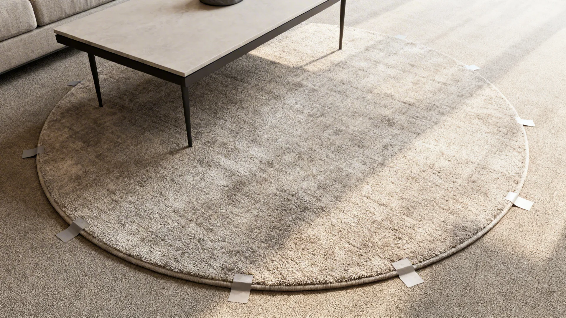 Round rug placed on top of carpet under a coffee table to soften a square layout