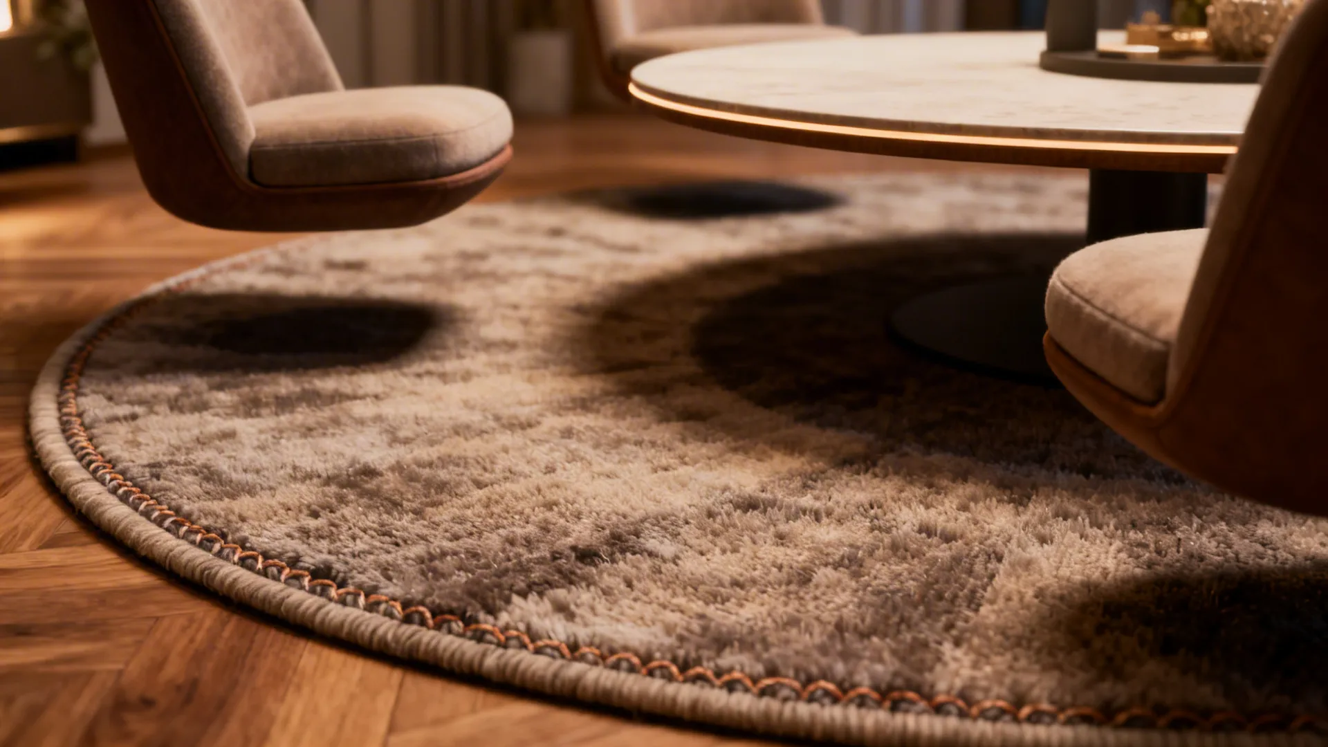 Close-up of a round rug under a round coffee table with floating furniture