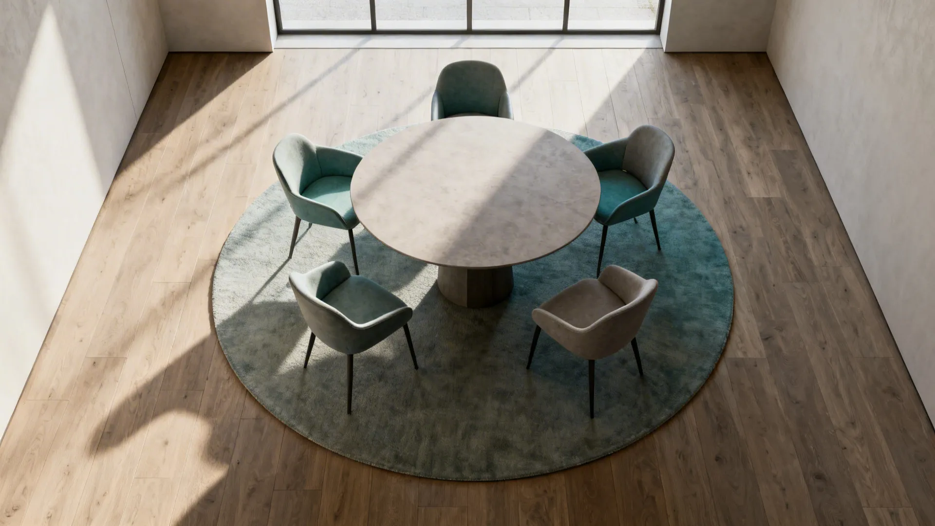 Round dining table with five chairs placed on a green round rug over wooden floor