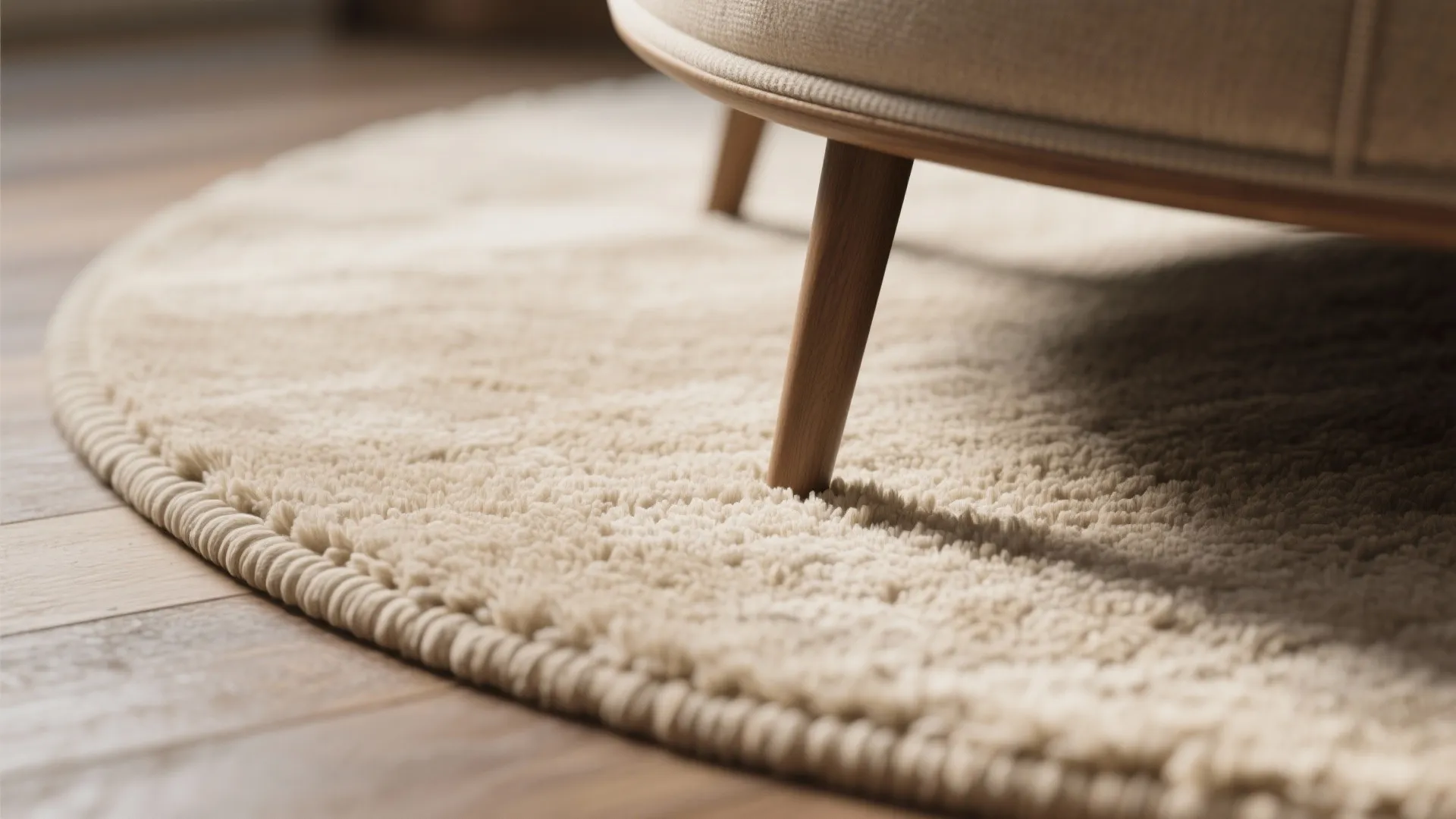 Close up view of a round beige rug placed on a dark wood floor surface