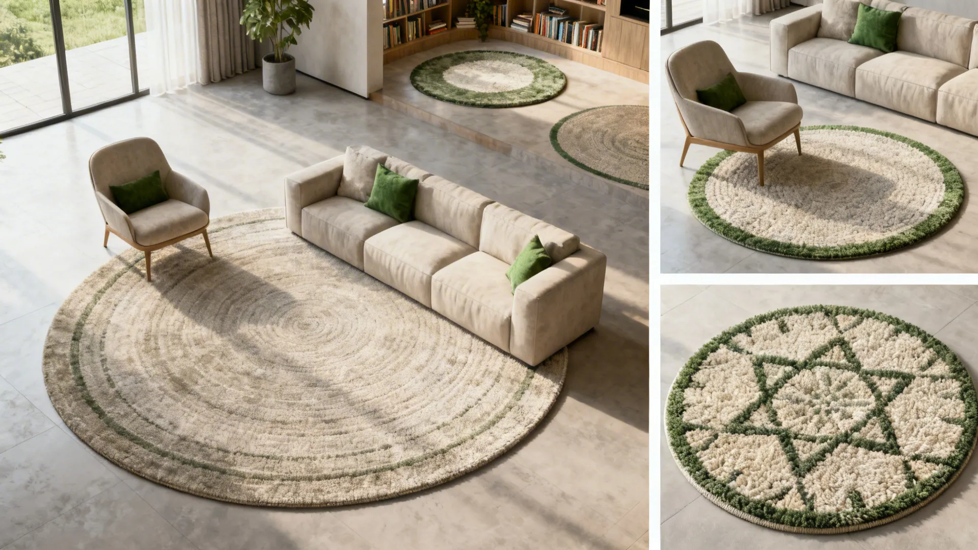 Montage of round rug applications: seating cluster, layered rugs, reading nook, and open-plan use.