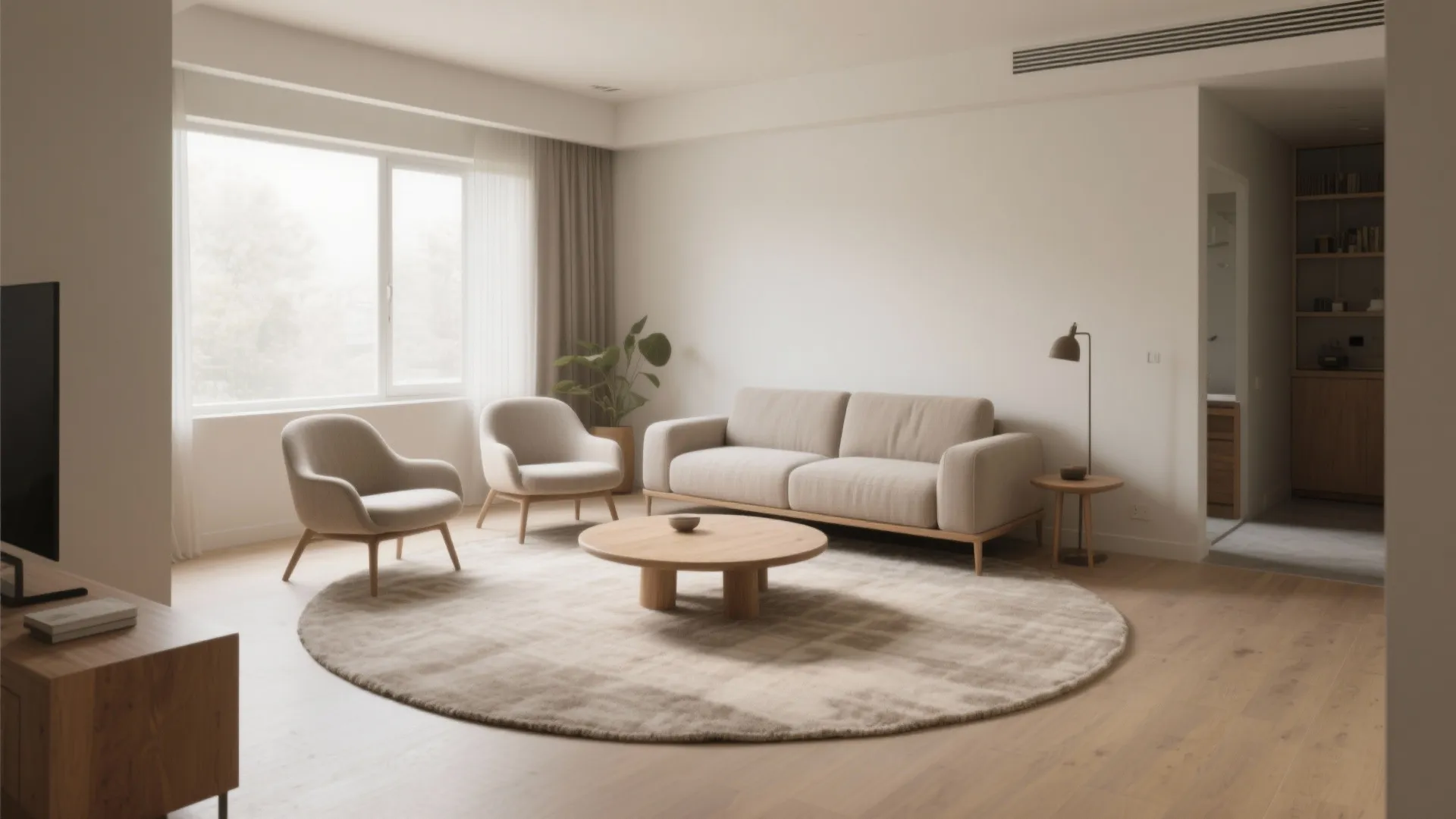 Compact living room with a 6-foot round rug uniting loveseat and chairs, soft daylight and light wood accents.