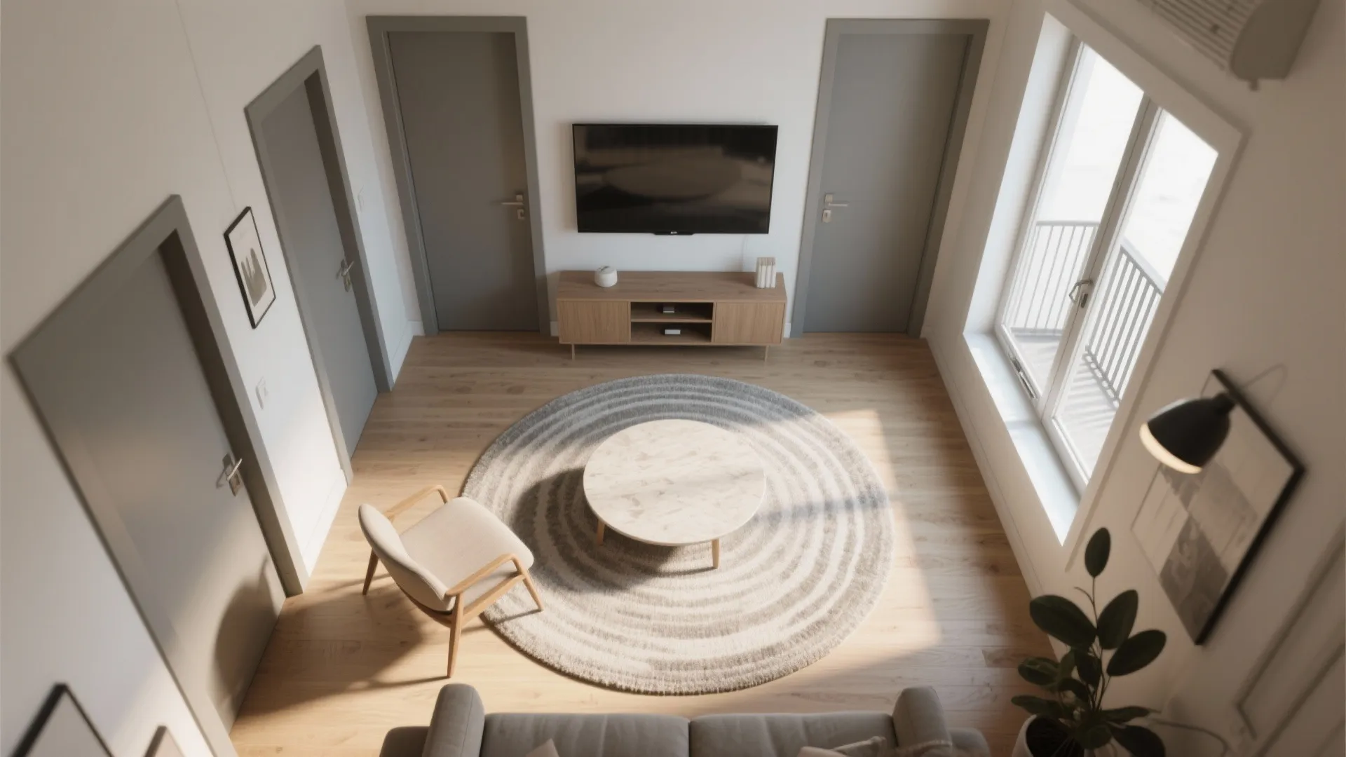 Top down view of small room with round rug, coffee table, armchair and wall television