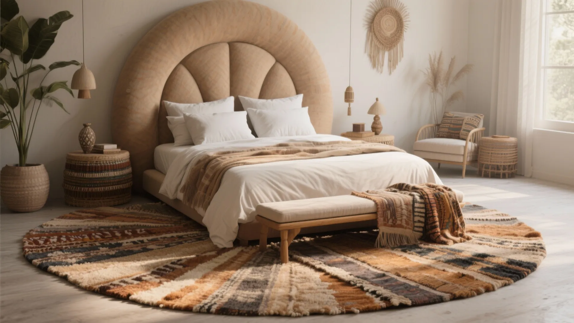 5. Shape play — round or oval rugs with a king