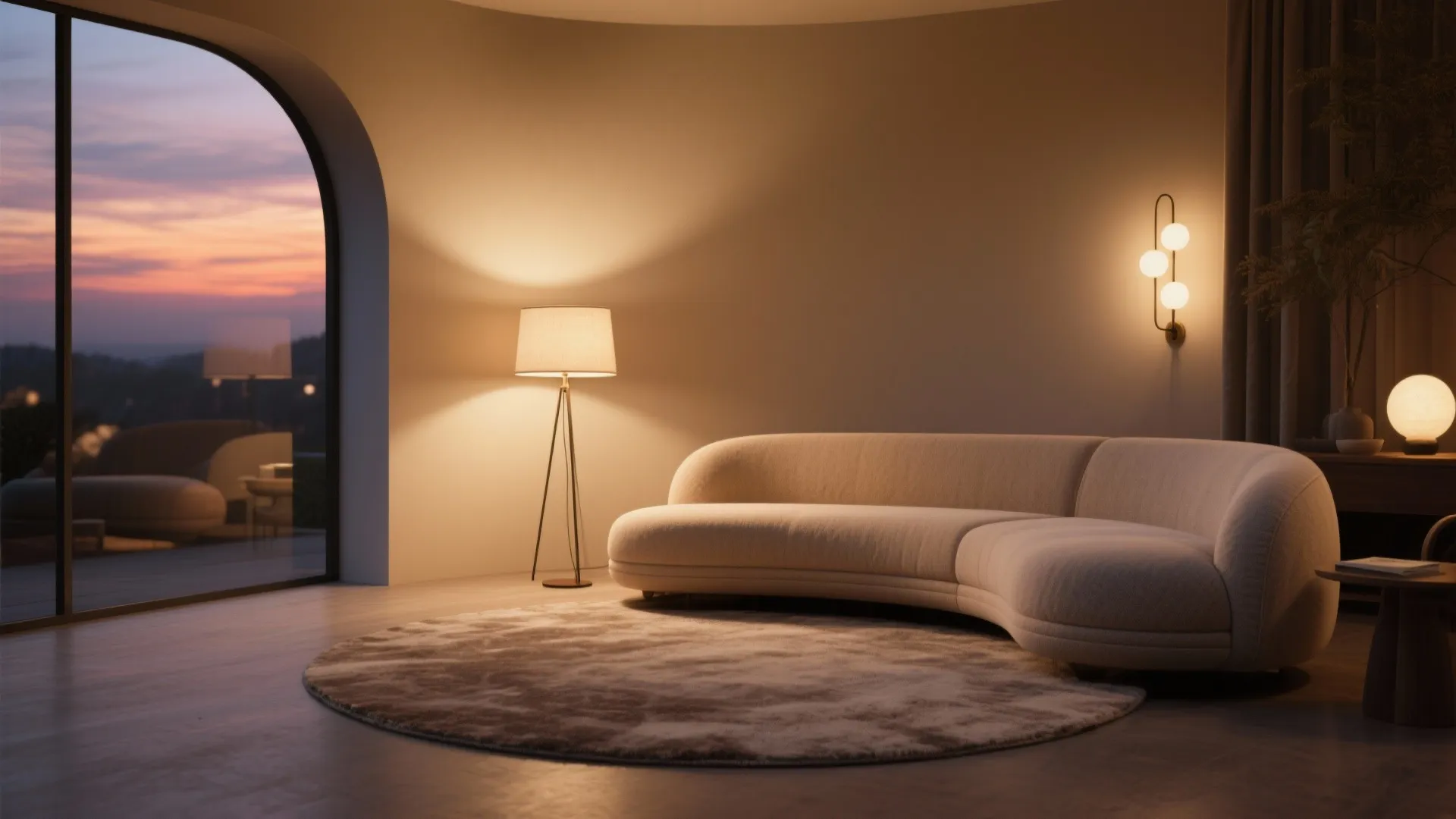 2. Anchor with a round rug and layered lighting