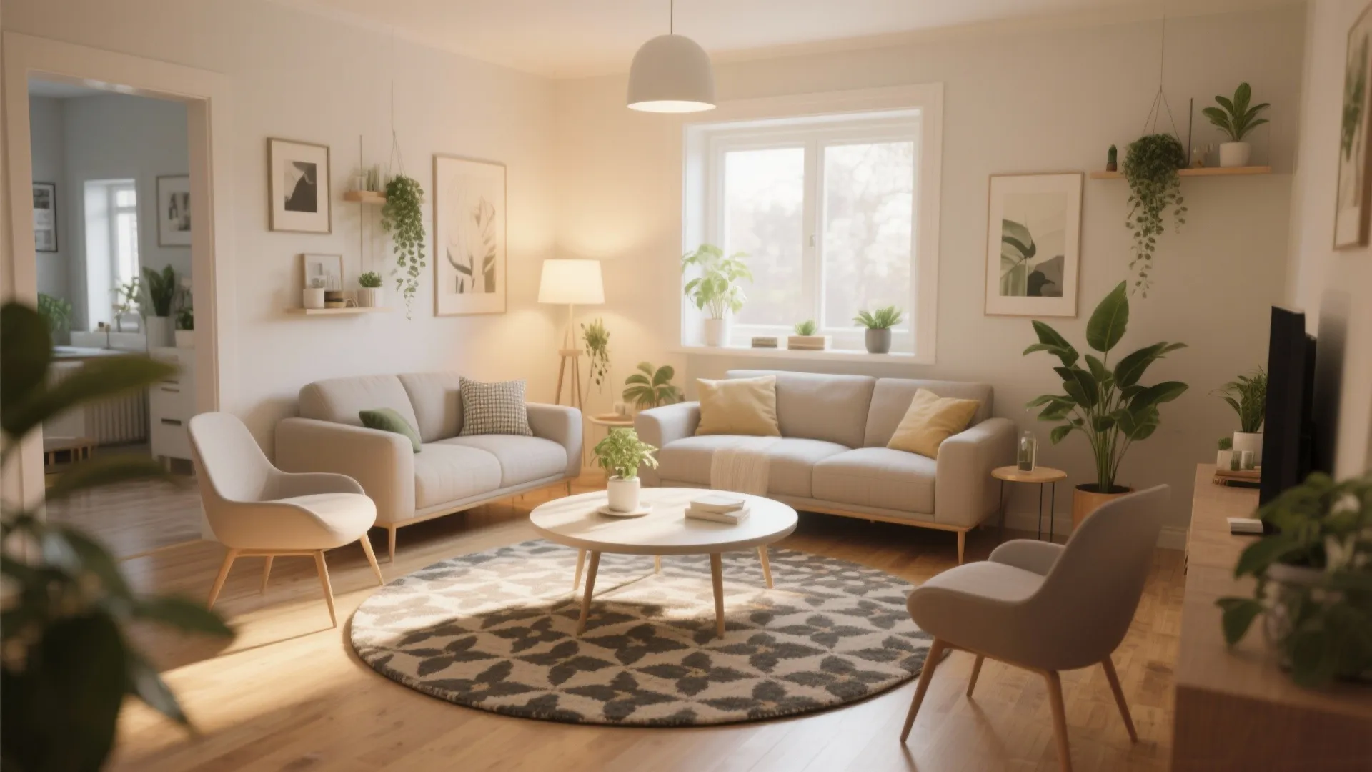 Bright living room with round patterned rug two grey sofas coffee table and green plants