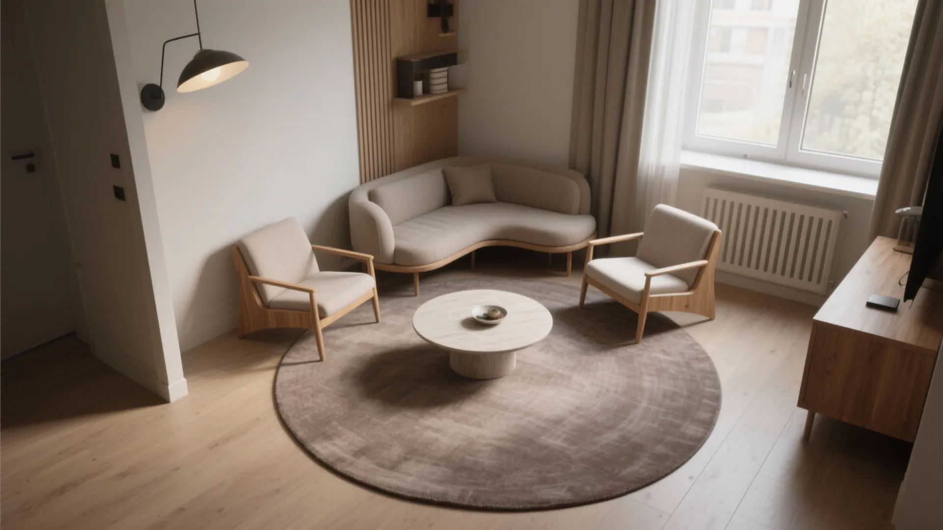 Minimalist living room with beige sofa wood chairs round rug wall light and window view