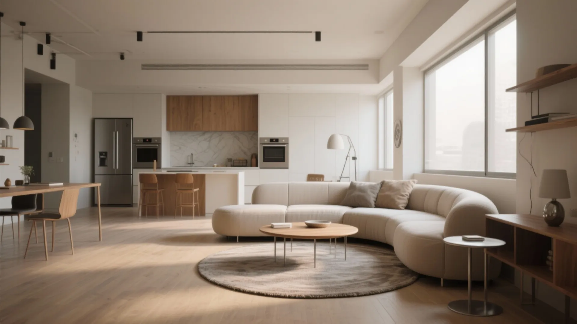 Open-plan studio with a round rug anchoring a seating nook and softening angular furniture, maintaining appliance traffic flow.