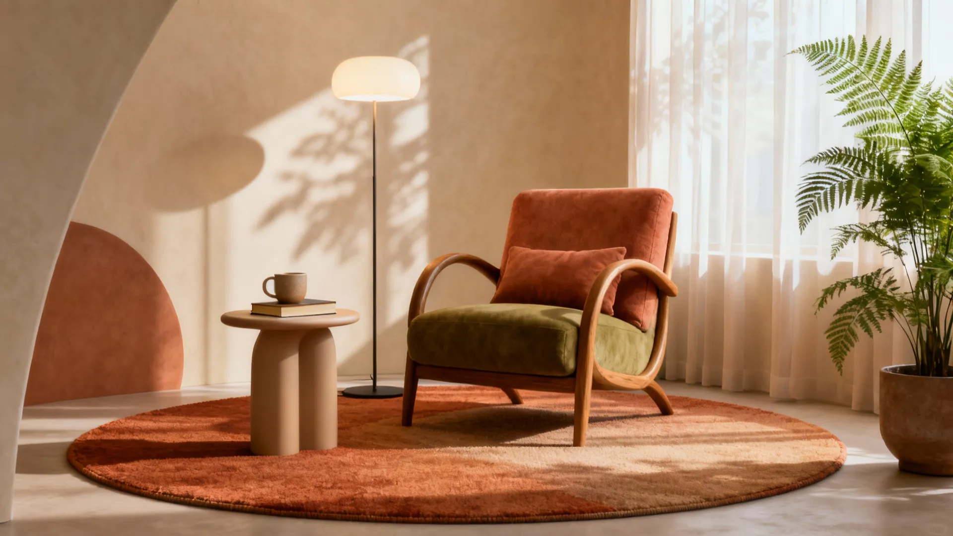 Small reading nook defined by a 5-foot round rug, an armchair, and a floor lamp.
