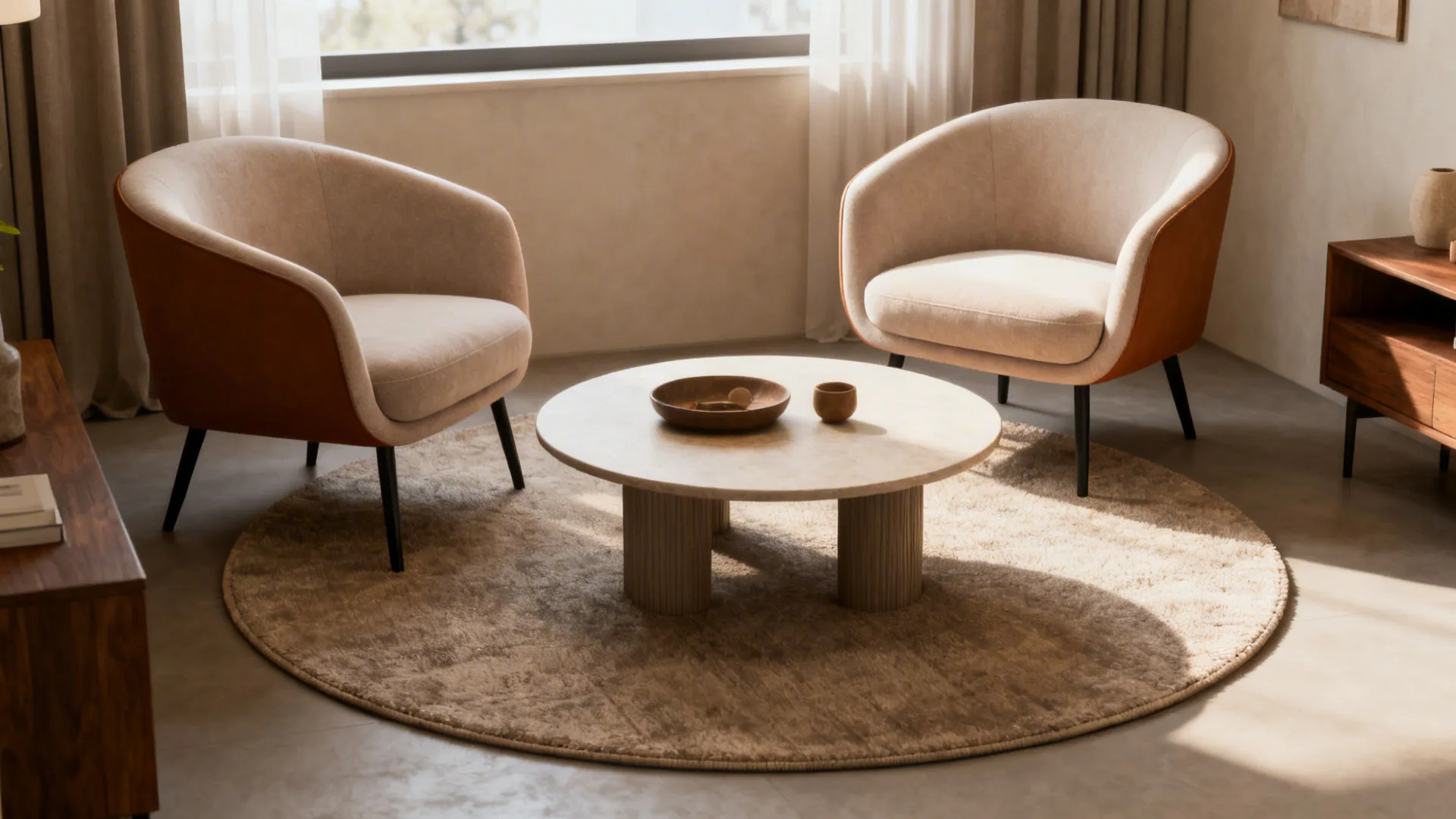 Round rug under a round coffee table softening an angular seating nook with proper spacing