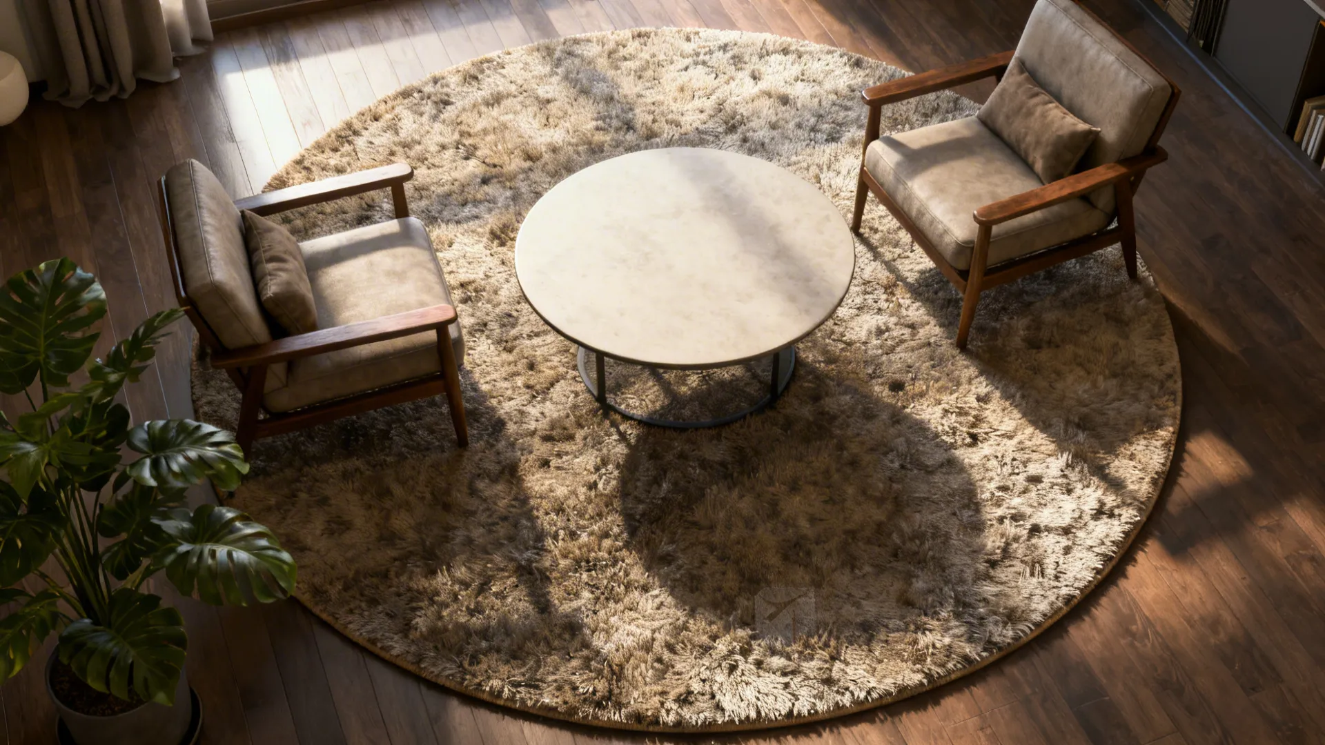 Conversation nook centered on a 6-foot round rug with circular coffee table and two chairs