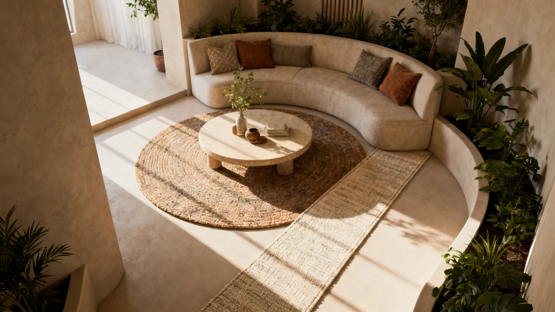 Cozy nook with a round rug under a circular table and a runner connecting zones