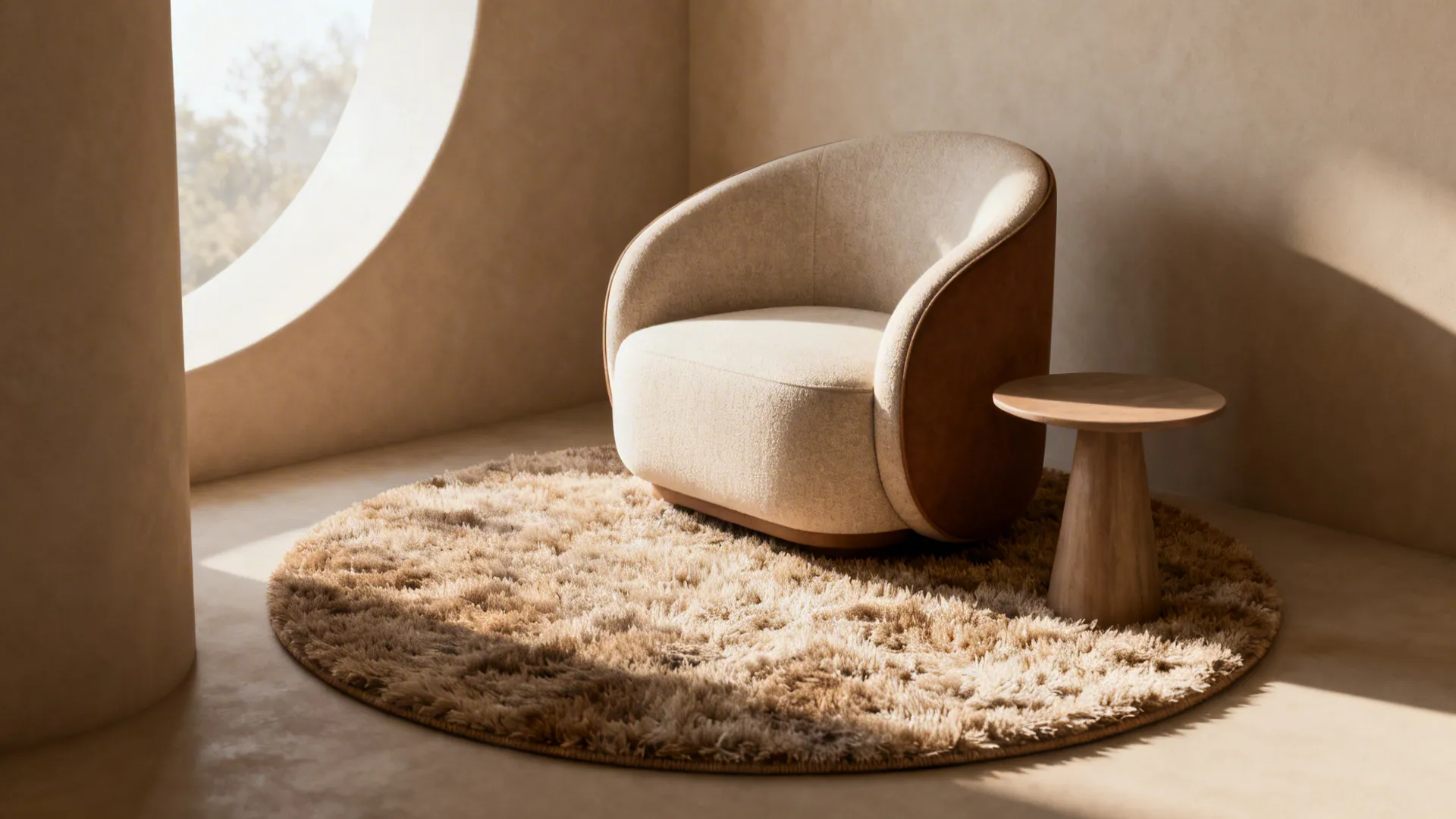 Reading nook with a round rug under a curved chair, soft and cozy atmosphere