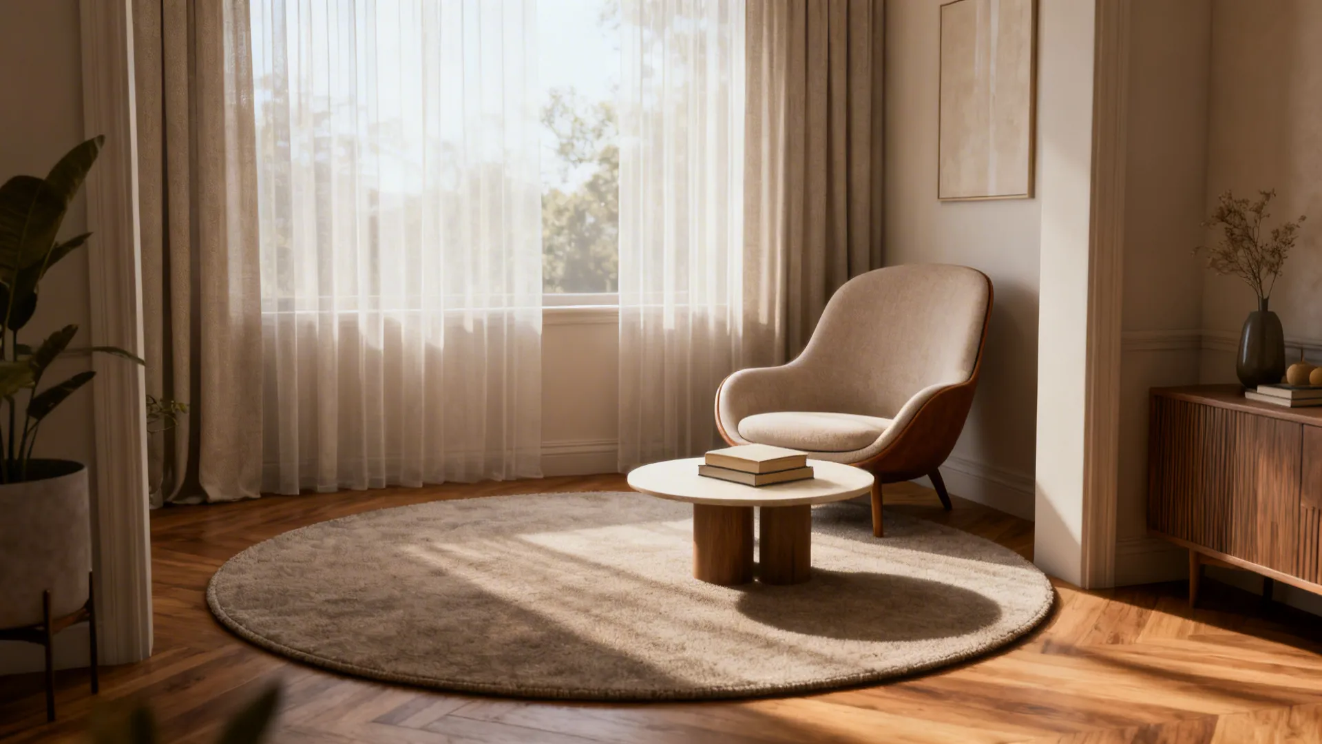 Reading nook with a round rug under a curved armchair, softening the room's angles.
