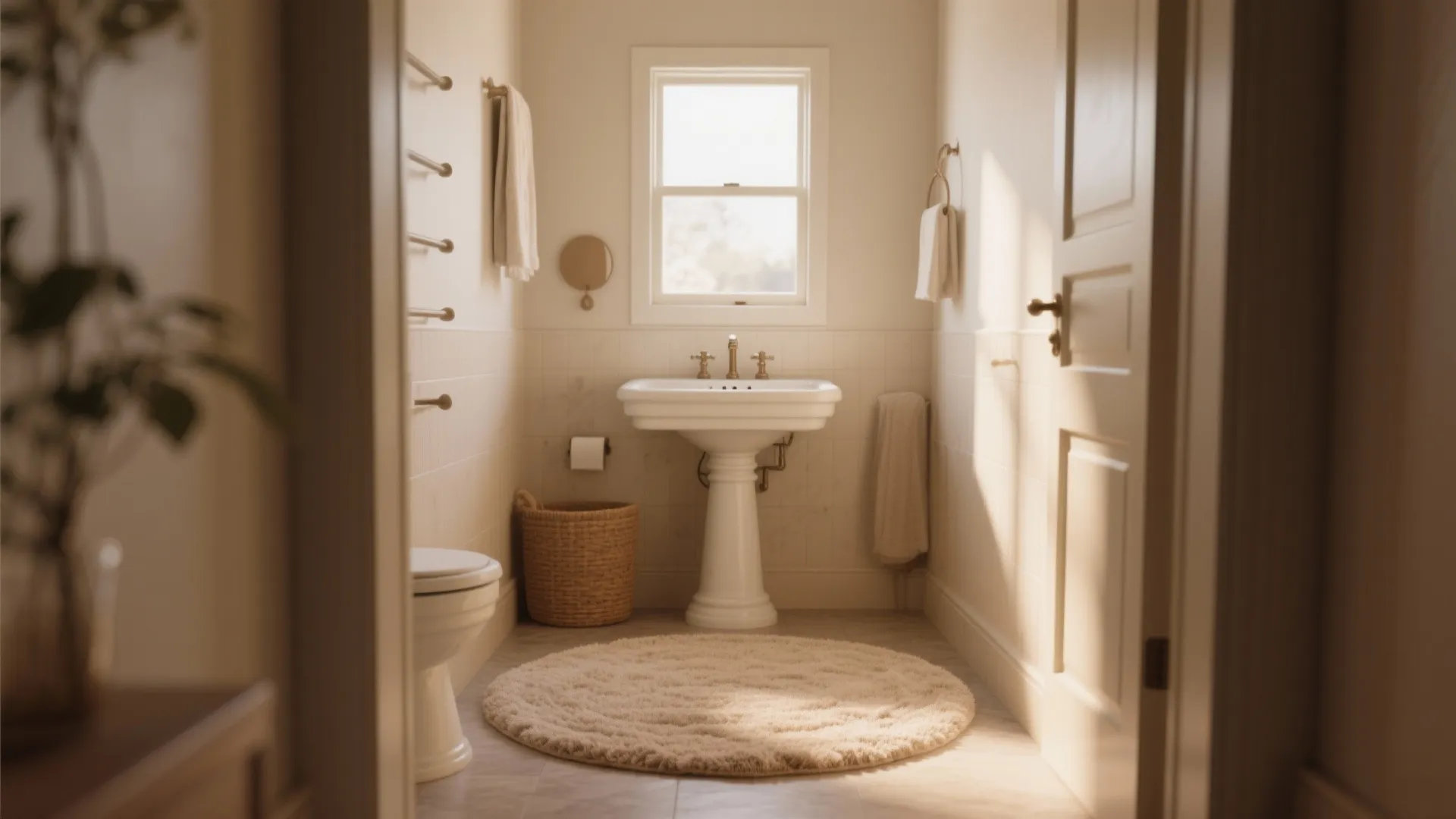 Small cream bathroom with round floor rug white pedestal sink wooden basket and warm light