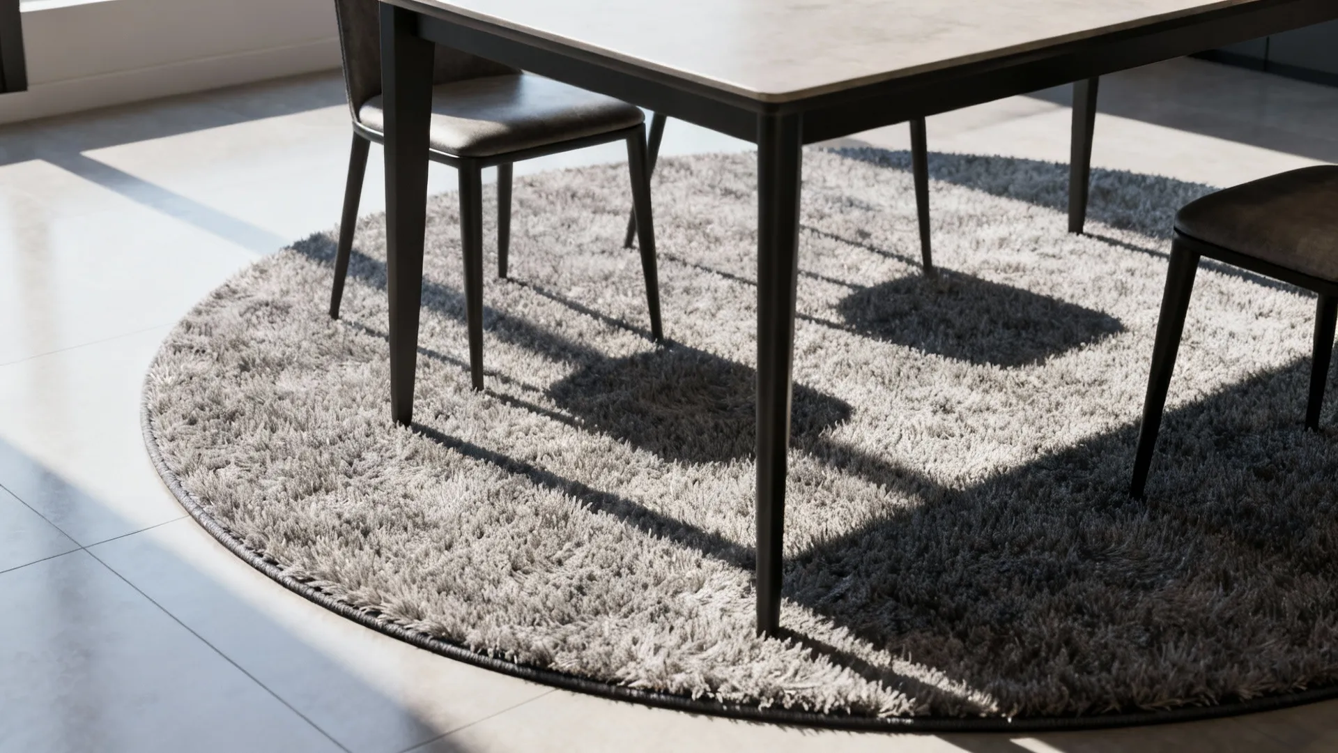 Round rug under a rectangular dining table creating soft visual contrast and clear chair spacing.