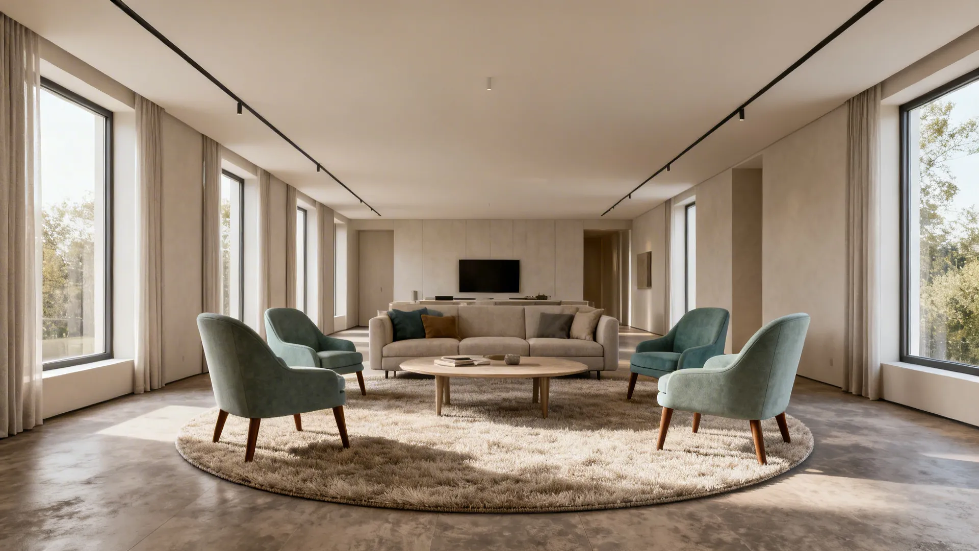 Spacious living room with round rug green armchairs beige sofa wooden coffee table and windows