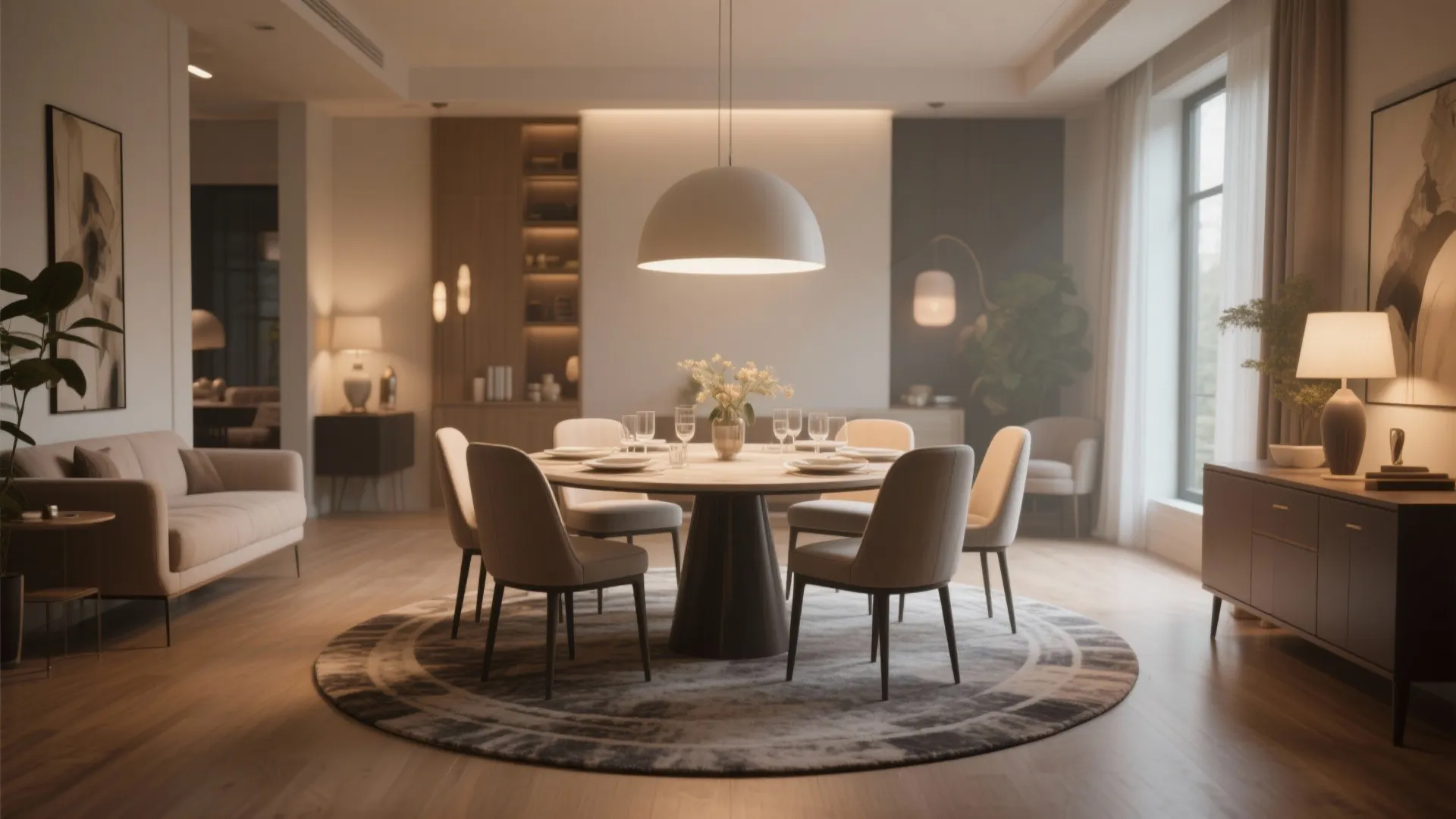 Round grey pattern rug under a circular dining table with chairs and a ceiling light