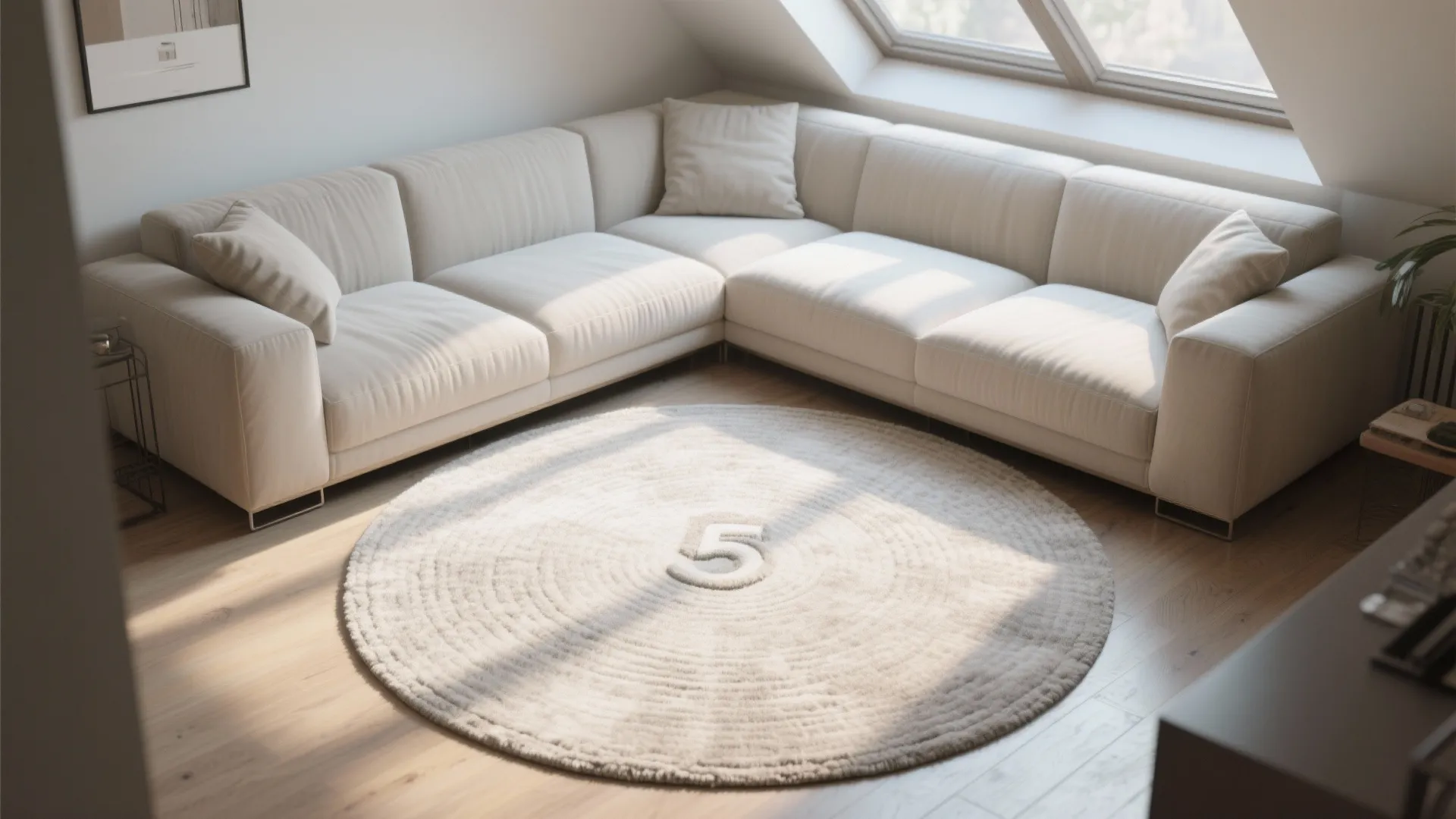 Corner sofa on a 5-foot round rug that softens angular furniture in a small loft
