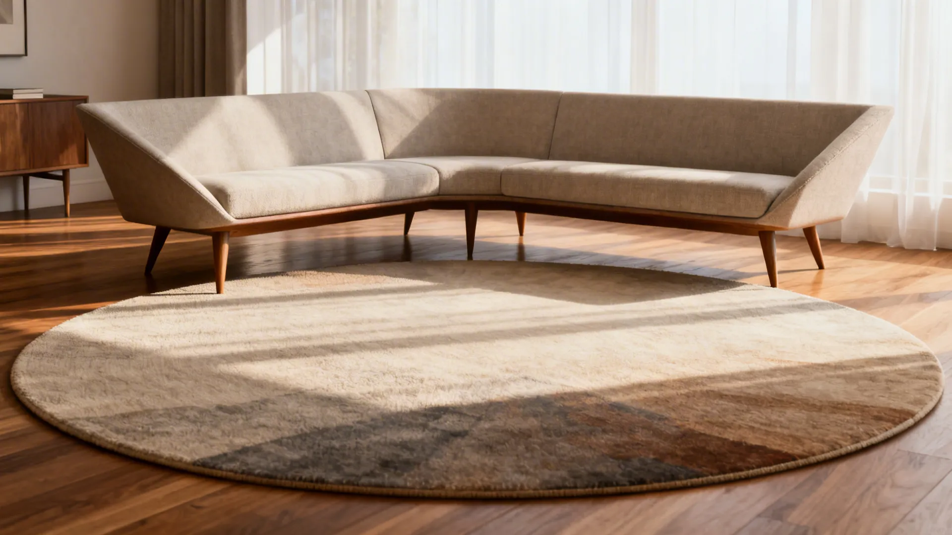 Angular mid-century furniture softened by a large round rug with seating front legs on the rug.
