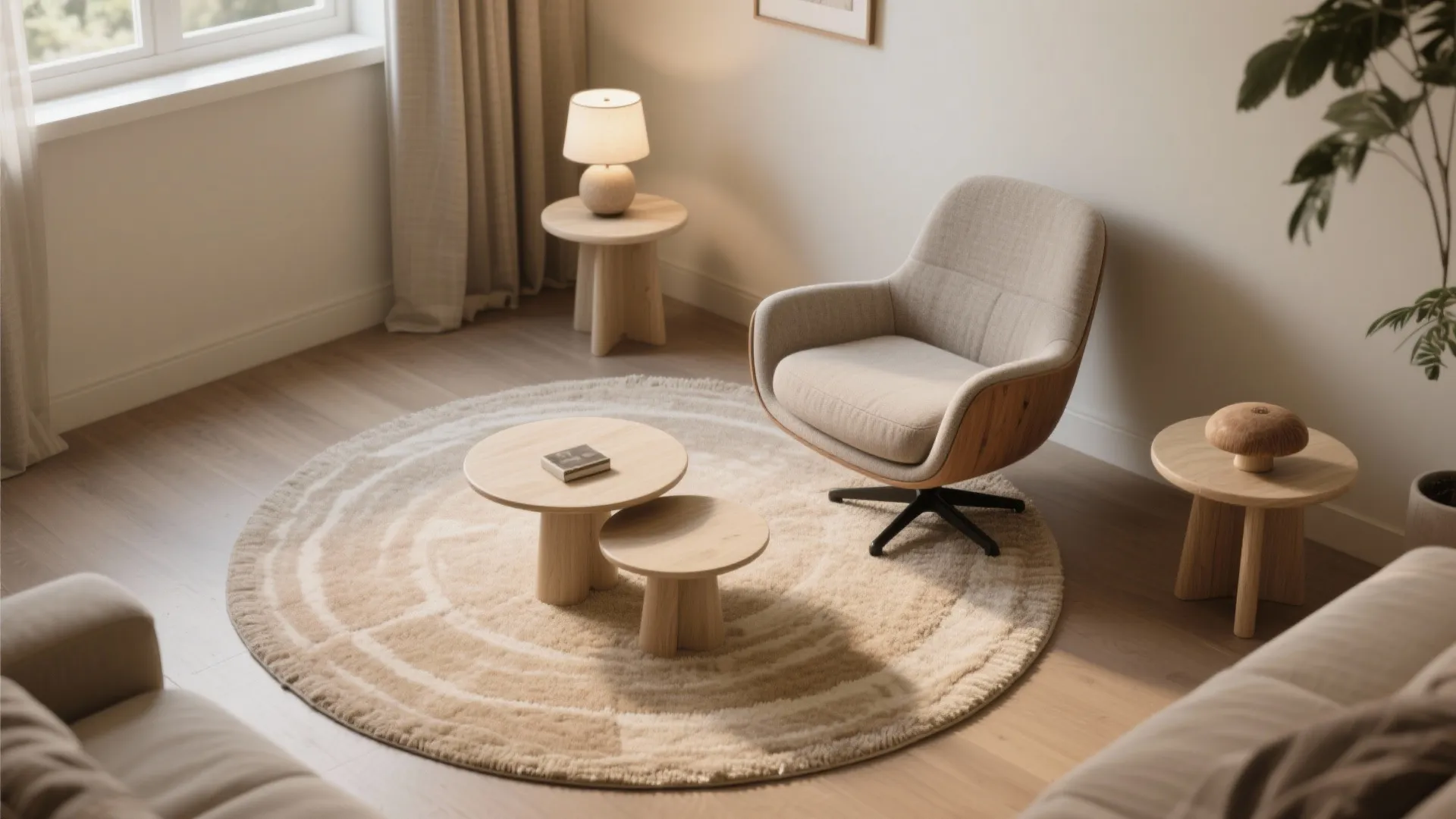 Cozy reading corner featuring a beige armchair round textured rug wooden side tables and warm lighting