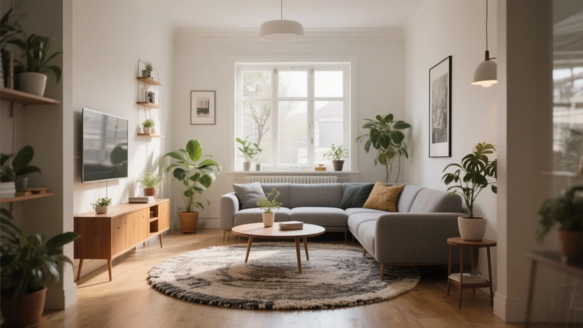 Round rug softening the lines of a compact living space