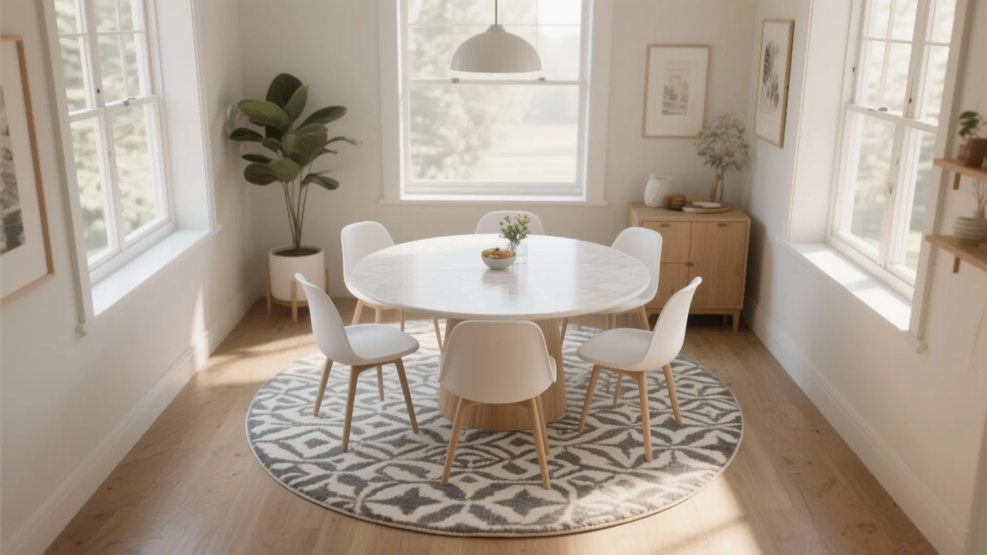 Modern white round dining table with matching chairs placed on a circular patterned floor rug