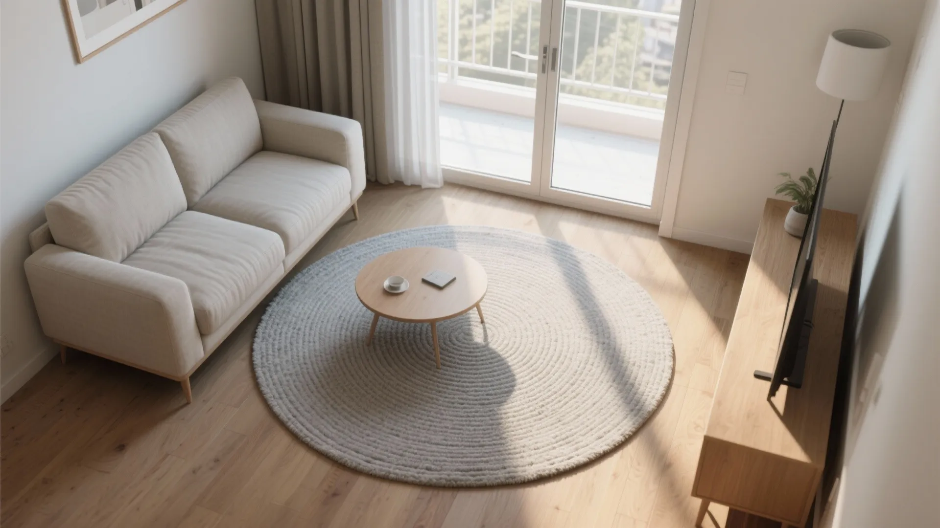 Top-down view of a compact living room with a round low-pile rug that softens corners and improves flow near the balcony door.