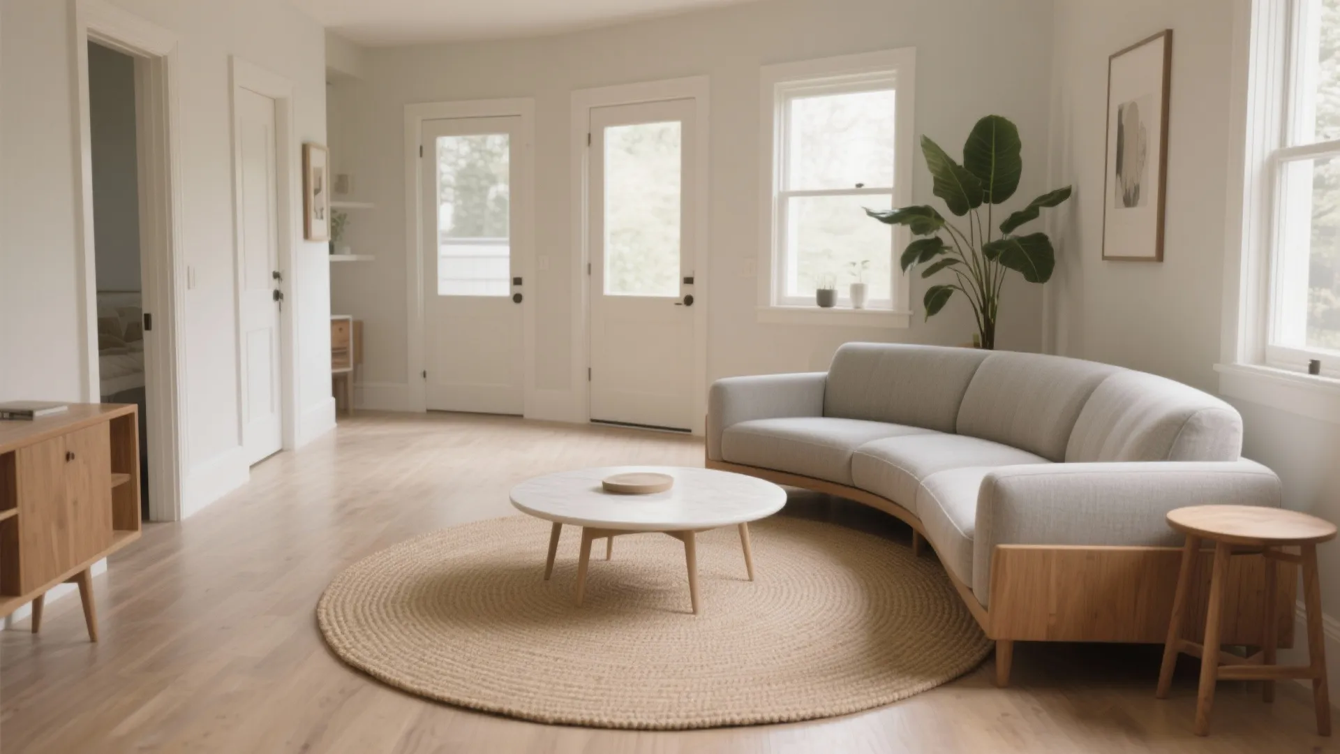 A 5–6 ft round rug softens traffic lines in a small living room with curved seating.