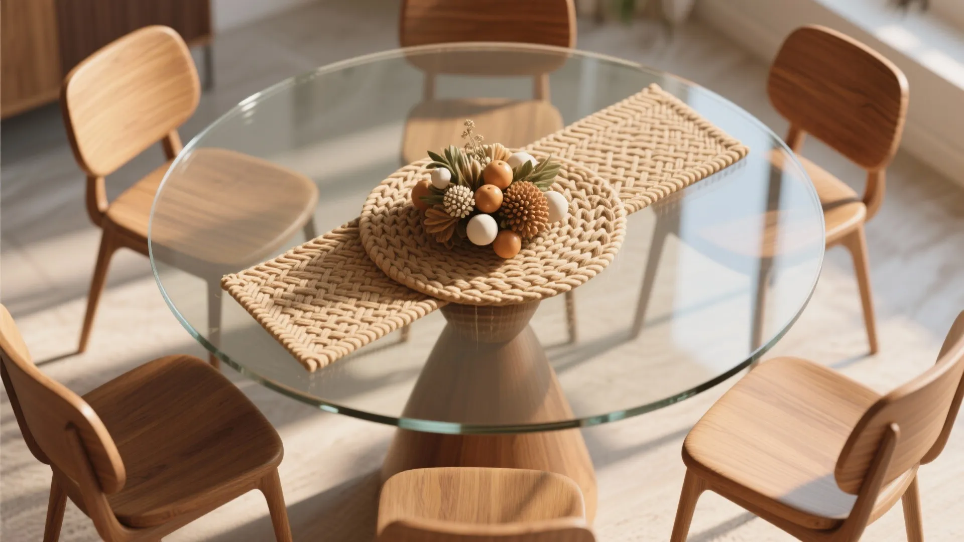 Round glass dining table with wooden chairs and woven table runner with a small centerpiece