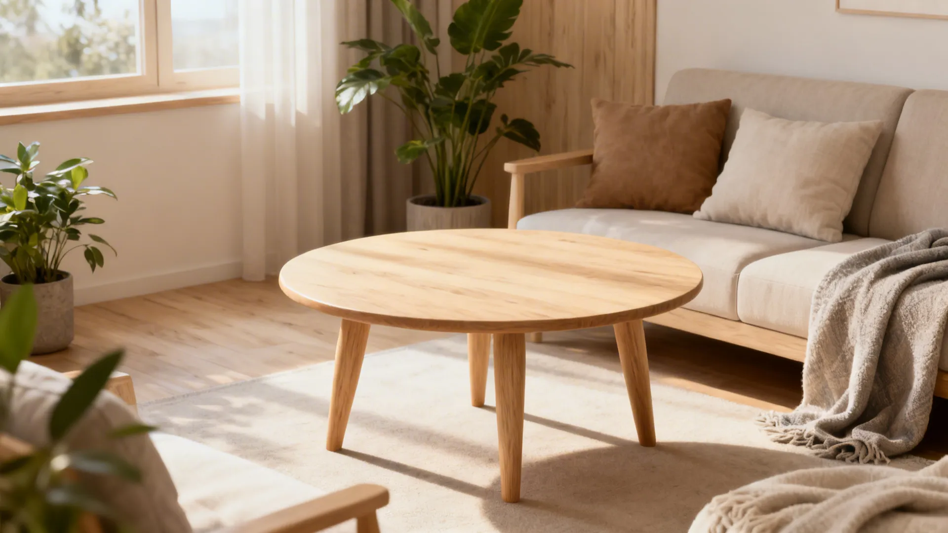 Bright living room featuring round wooden table, comfortable sofa with pillows, and green potted plants