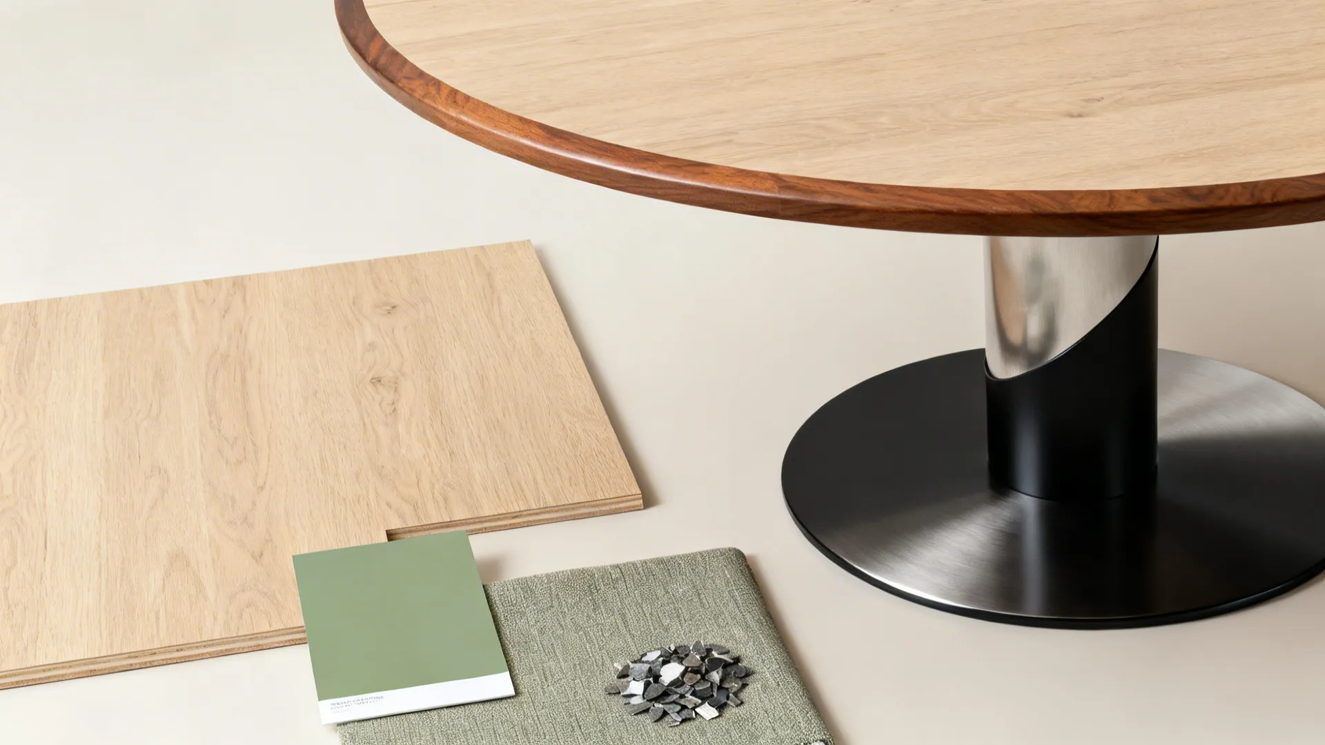 Flat lay of light oak, metal base finishes, and fabric swatches for a round pedestal set.