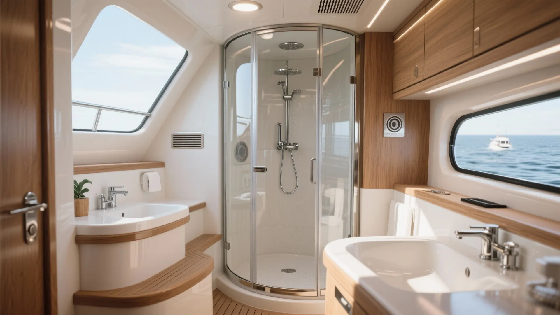 Luxury boat bathroom with curved glass shower stall wooden cabinets white sink and small window