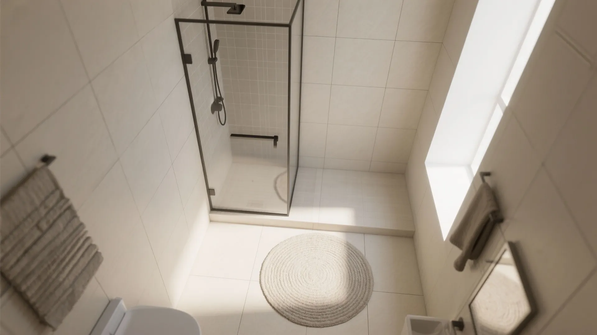 High angle view of modern bathroom with glass shower round woven rug toilet and bright sunlight