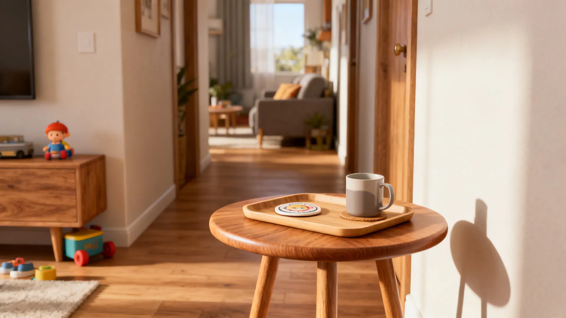 Round wooden side table in a narrow pathway with a tray and mug