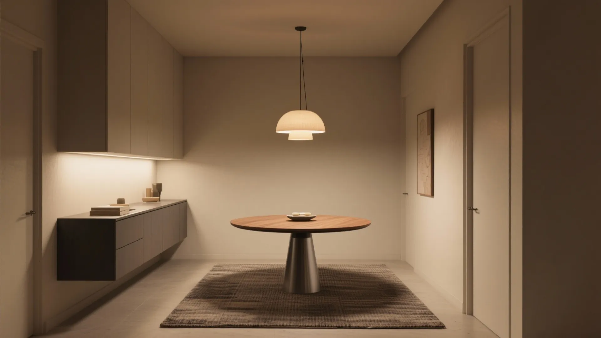 Small round table slightly off-center with a floating sideboard on the long wall in a narrow dining room.