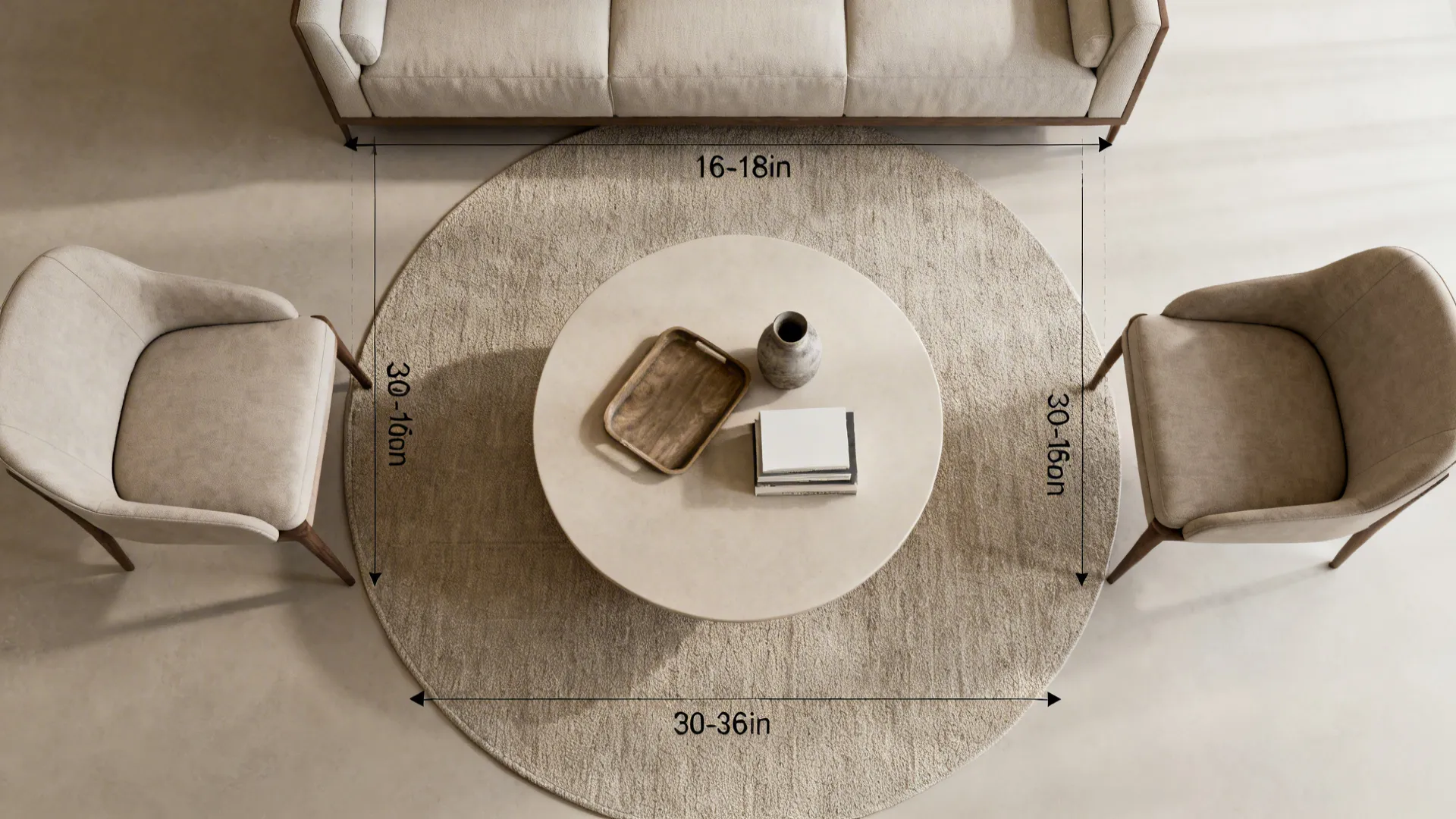 Top-down layout showing a round coffee table with comfortable reach and clear walkways.
