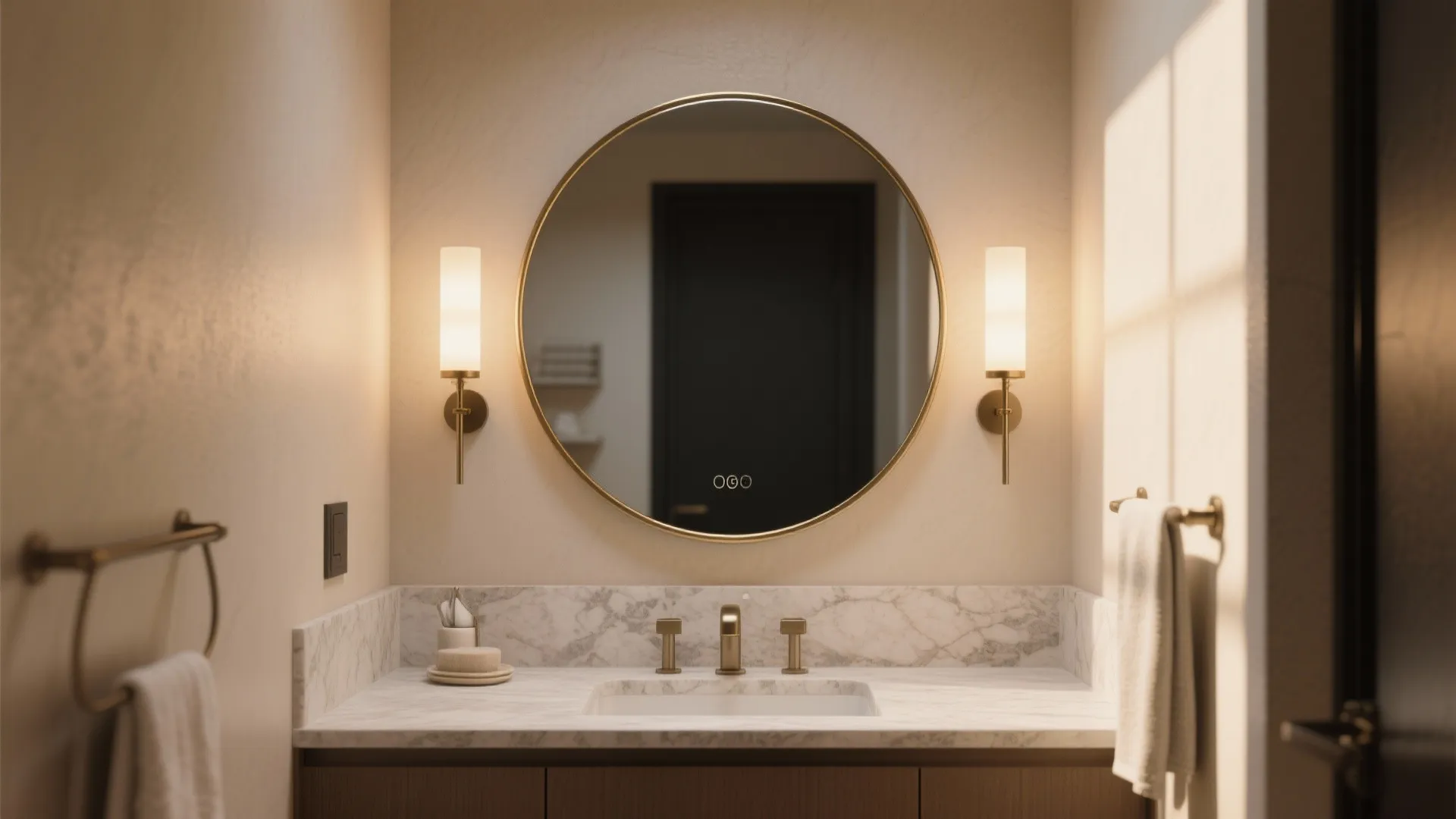 Elegant bathroom with round gold mirror marble counter two wall lights and warm indoor lighting