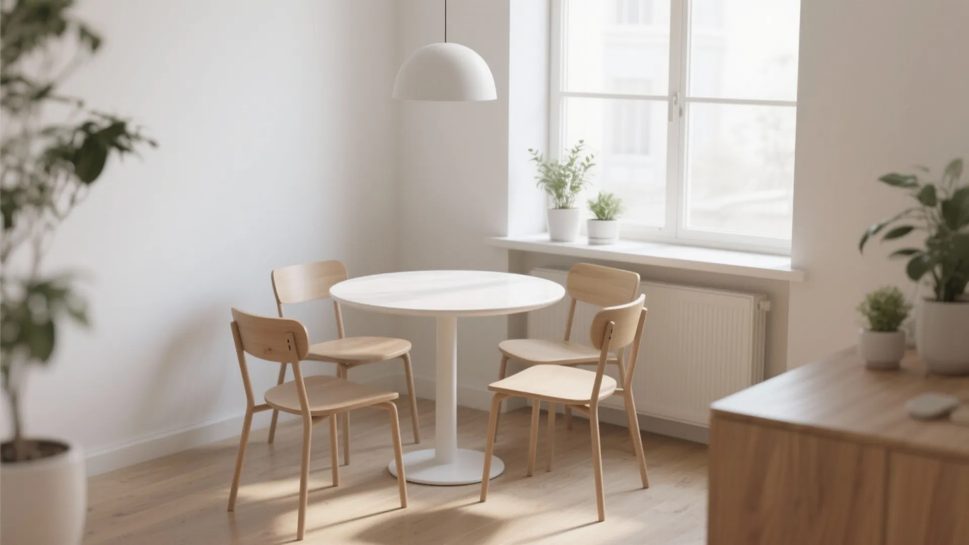 Corner nook with a round table and four slim armless chairs by a bright window.