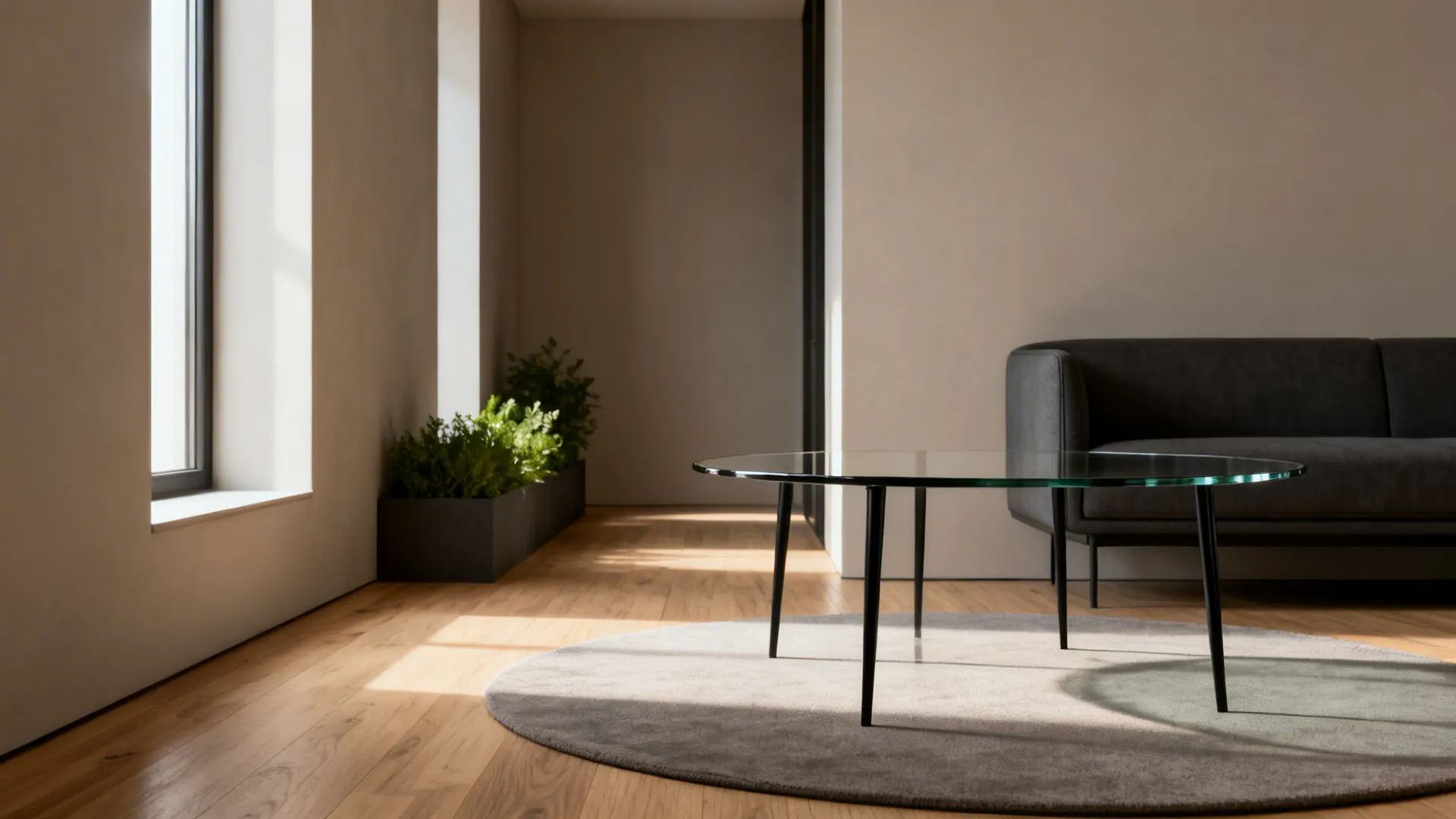 Minimalist living room with round glass coffee table on grey rug near sofa and window