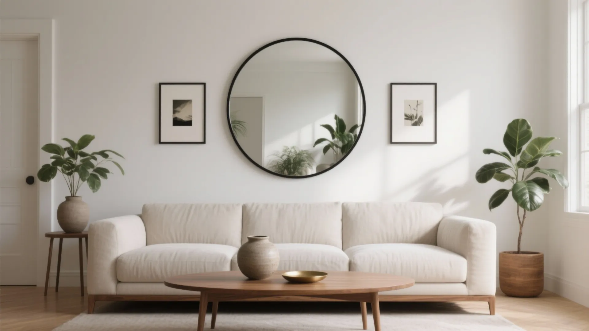 Large Round Mirror Over the Sofa