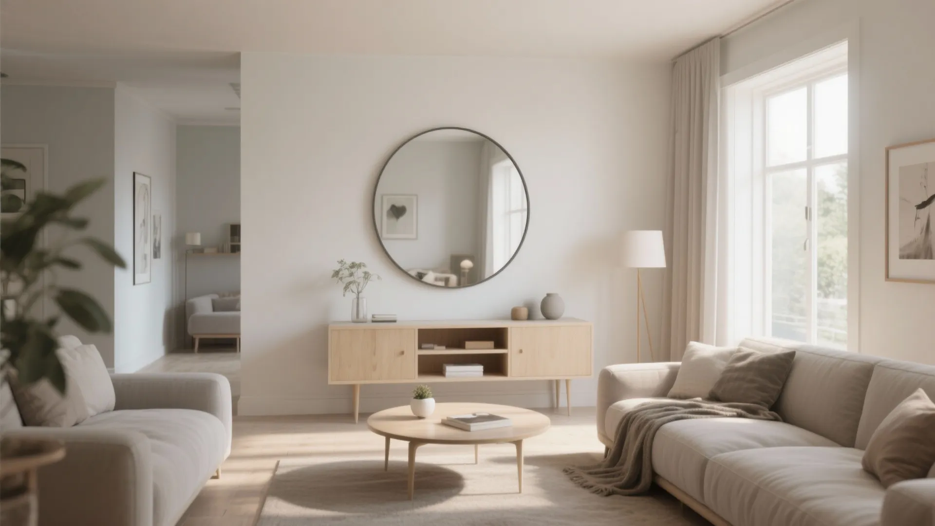 Modern bright living room featuring round wall mirror above light wood cabinet and beige sofa