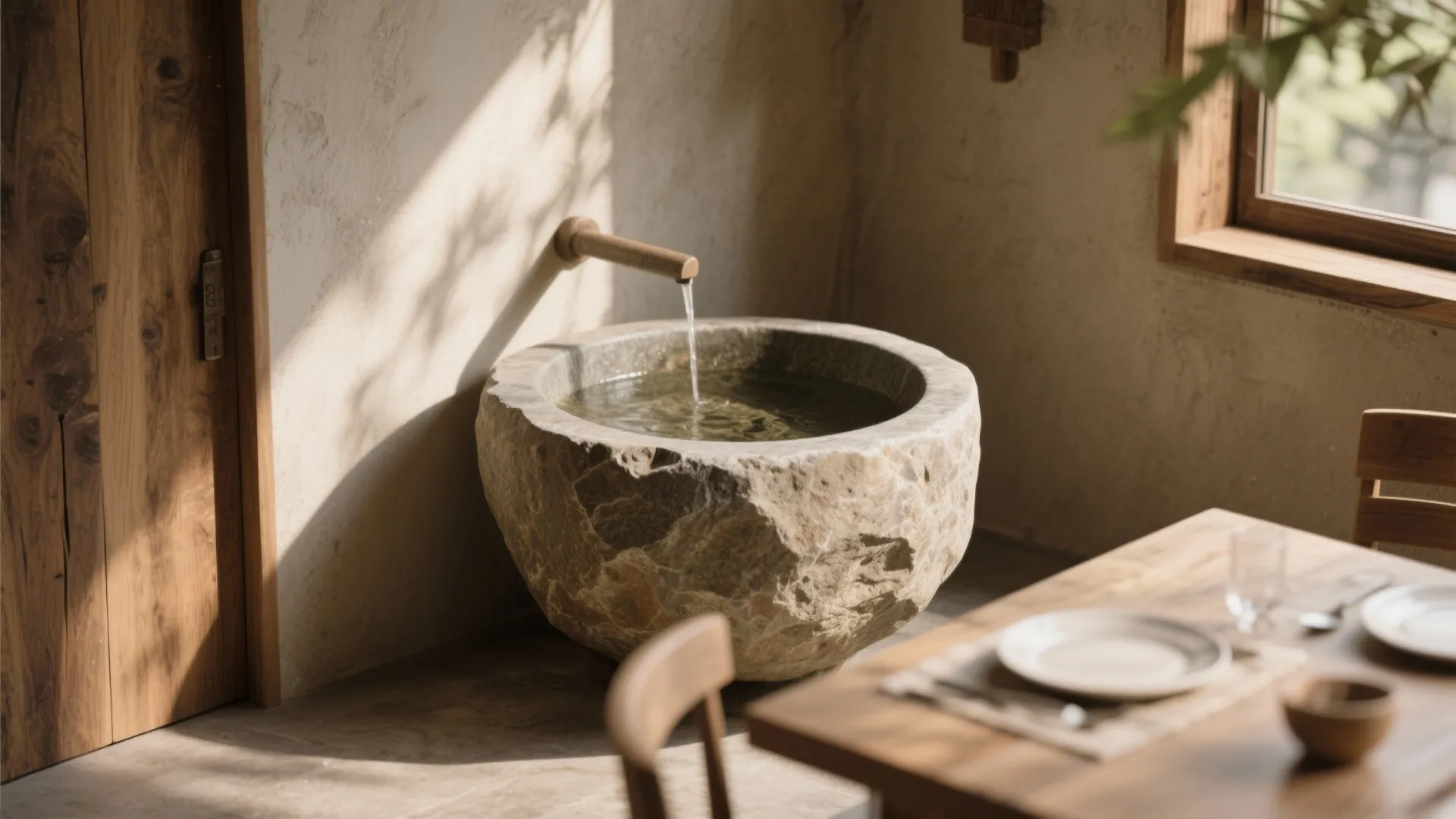 Rustic stone sink with water flowing from a wood tap near a sunny dining table