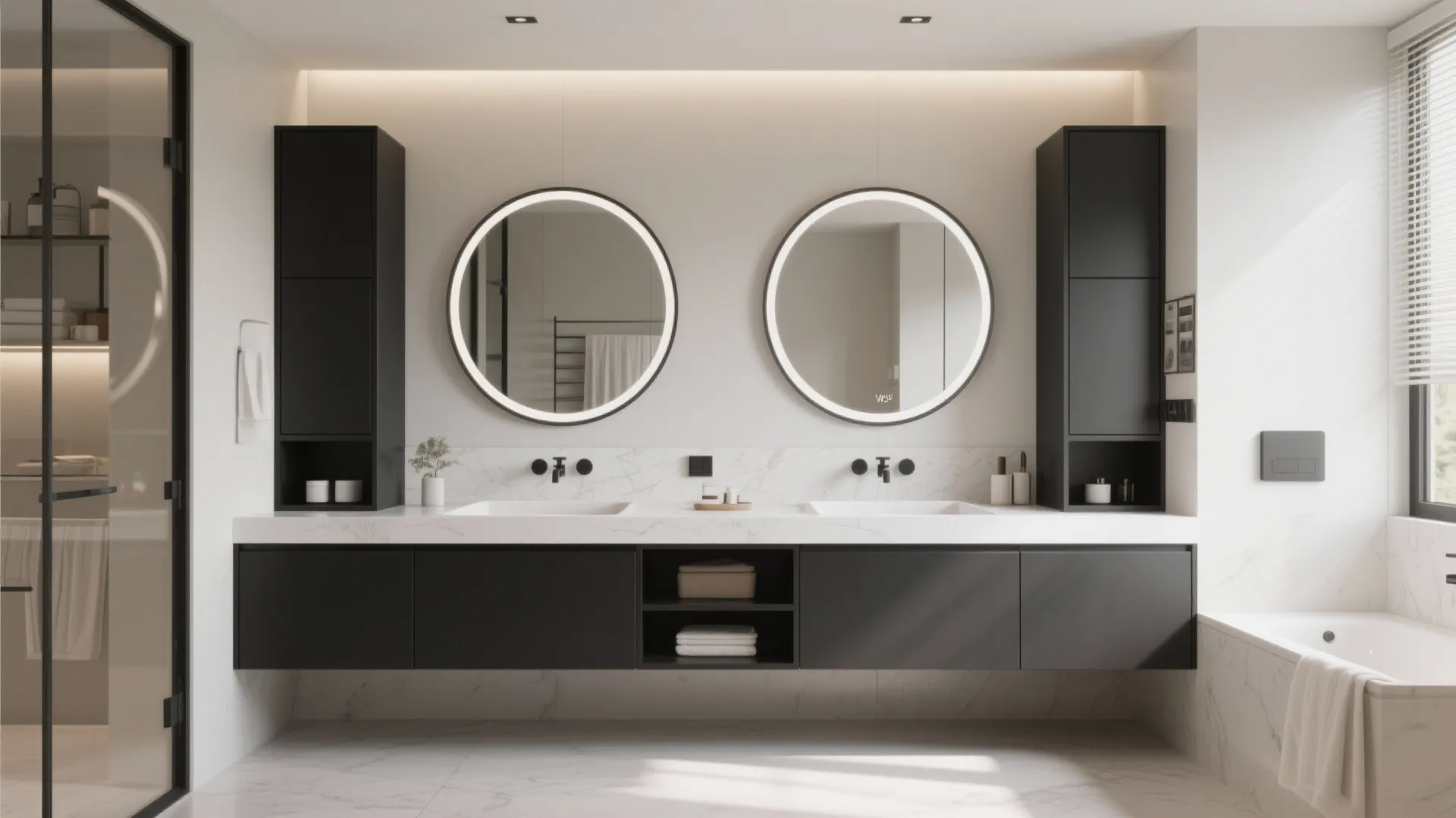 Modern bathroom featuring black cabinets dual white sinks round backlit mirrors and a white bathtub