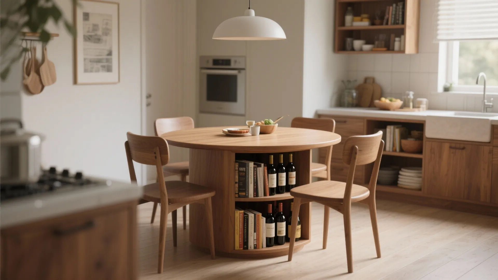 Compact round table with multipurpose storage base