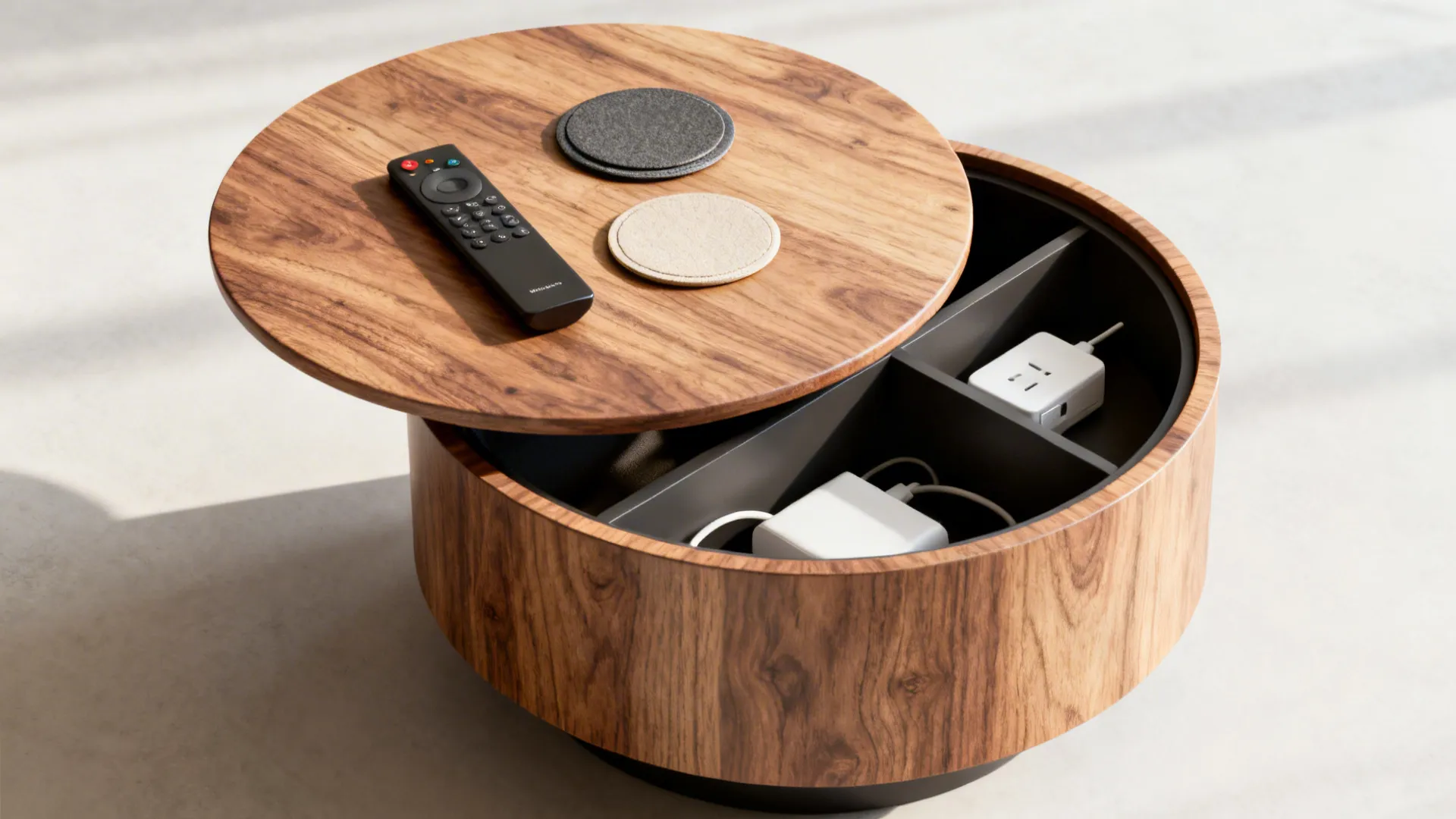 Round storage side table with lid open showing hidden compartments for remotes and small items