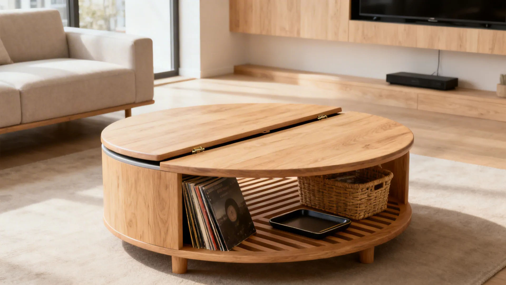 Light wood round coffee table with lift-top storage and an open slatted lower shelf in a studio living room.