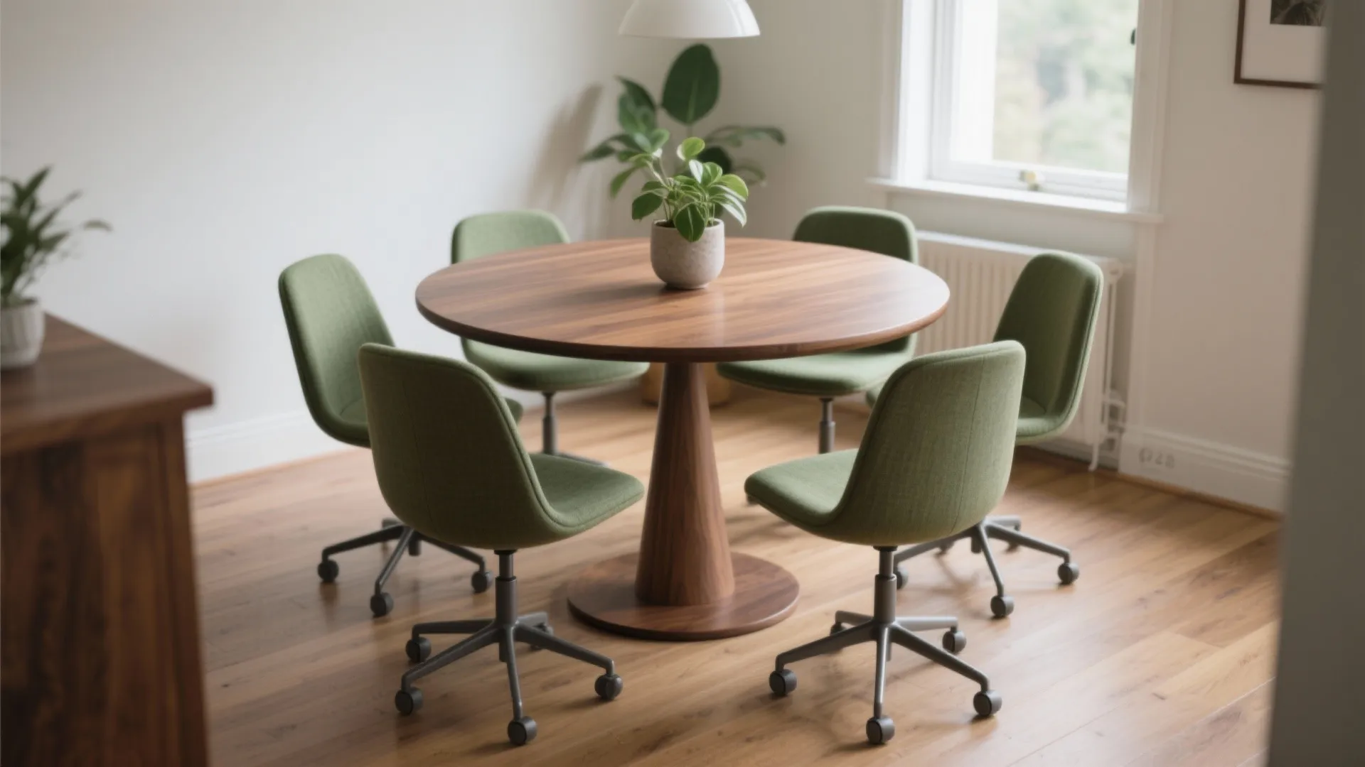 Round wood dining table with green chairs on wheels in a bright and sunny room