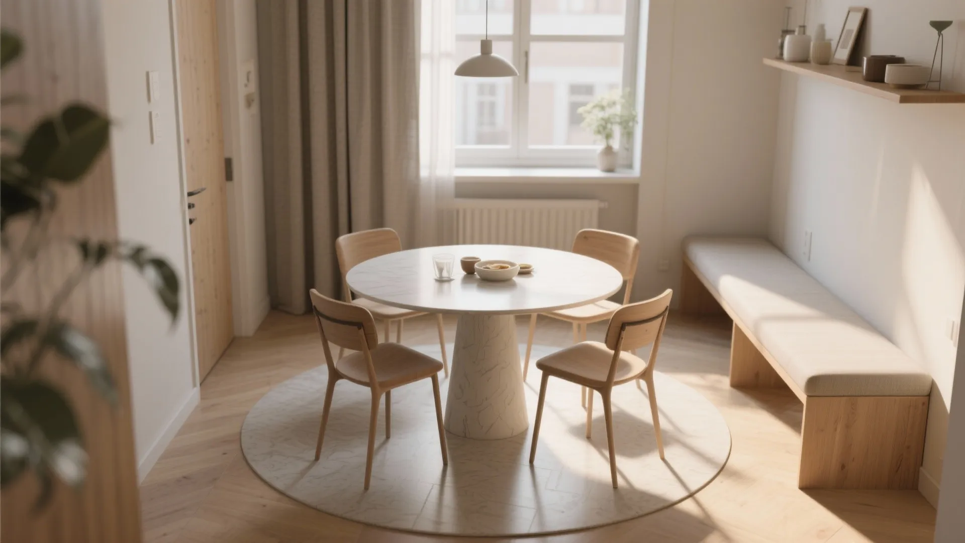 Small dining area with a round pedestal table and compact seating to improve flow and circulation.